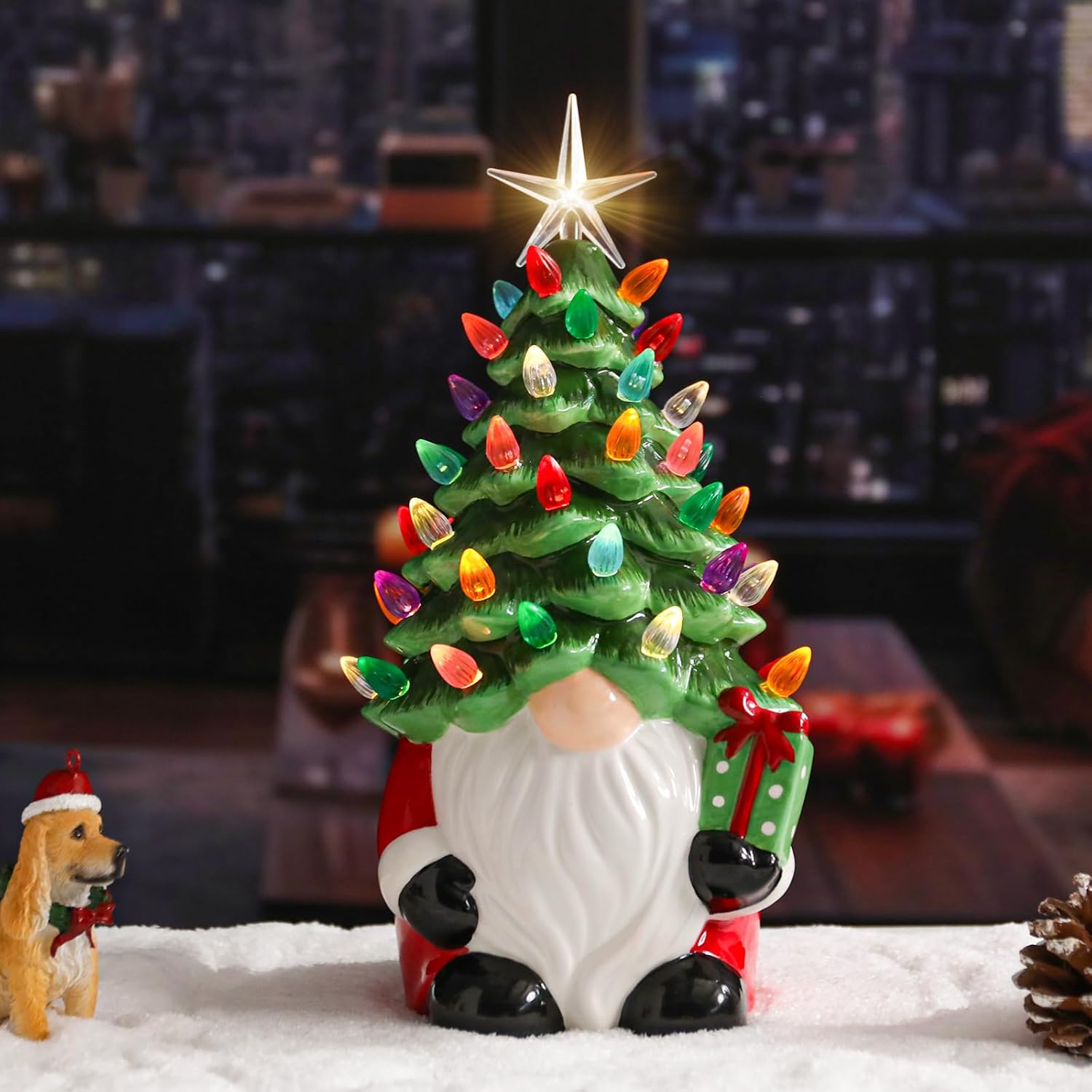 12-Inch Hand-Painted Vintage Small Ceramic Christmas Tree Tabletop Decoration with Multi-Colored Lights for the Holidays