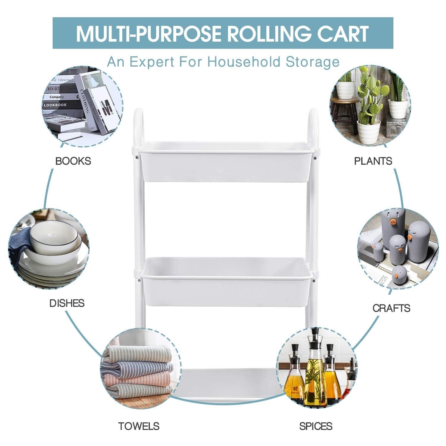 Carrello di Servizio Carrello Portaoggetti A 3 Ripiani Con Ruote E Maniglie, Carrello Multiuso, Carrello Di Servizio Per Casa, Ufficio, Cucina, Bagno Carrello Salvaspazio(White)