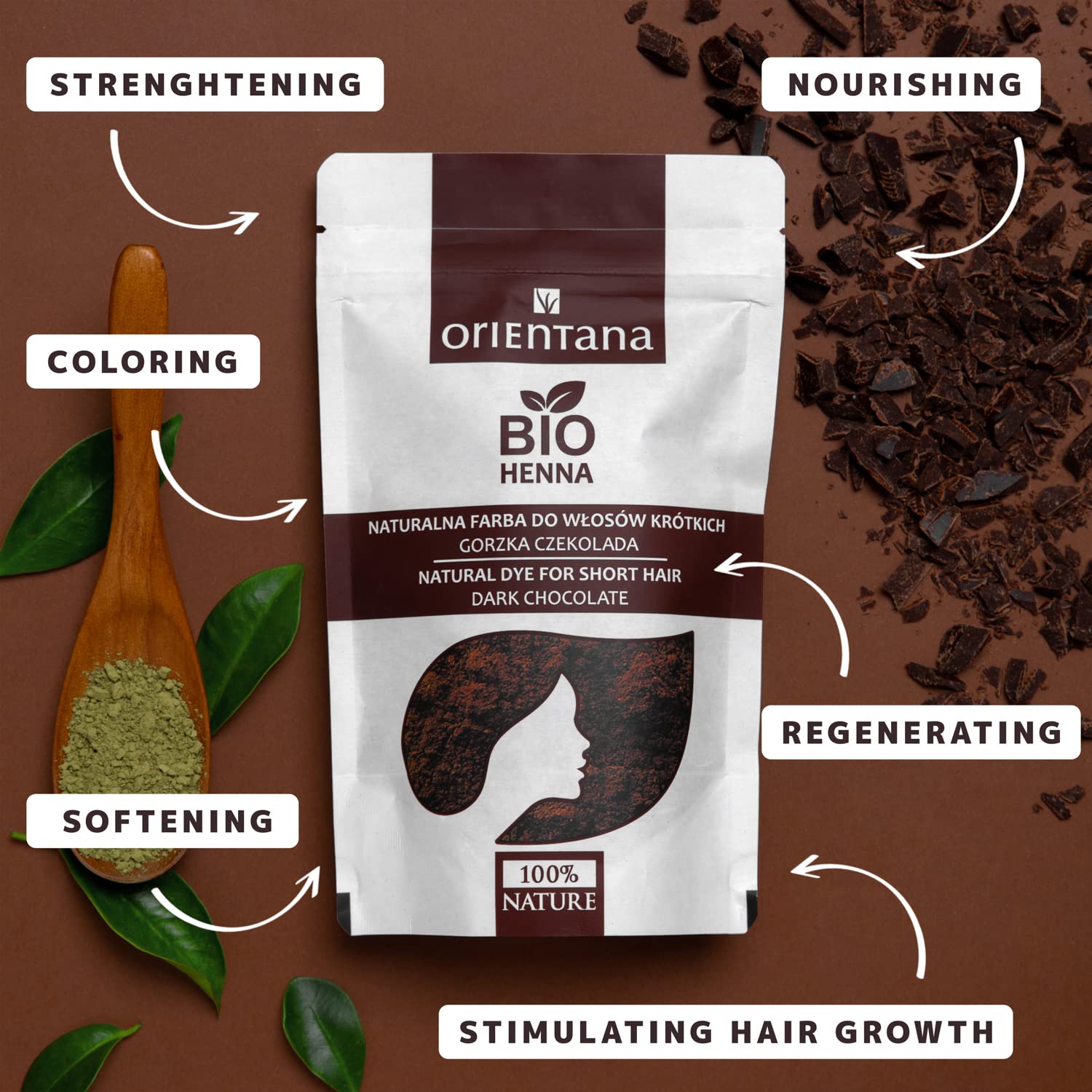 Orientana BIO HENNA Gorzka czekolada do średnich i krótkich włosów – 100% wegańska, 100% ziół, trwale farbuje włosy, nadaje im połysk i objętość, nadaje karmelowy kolor, 50 g