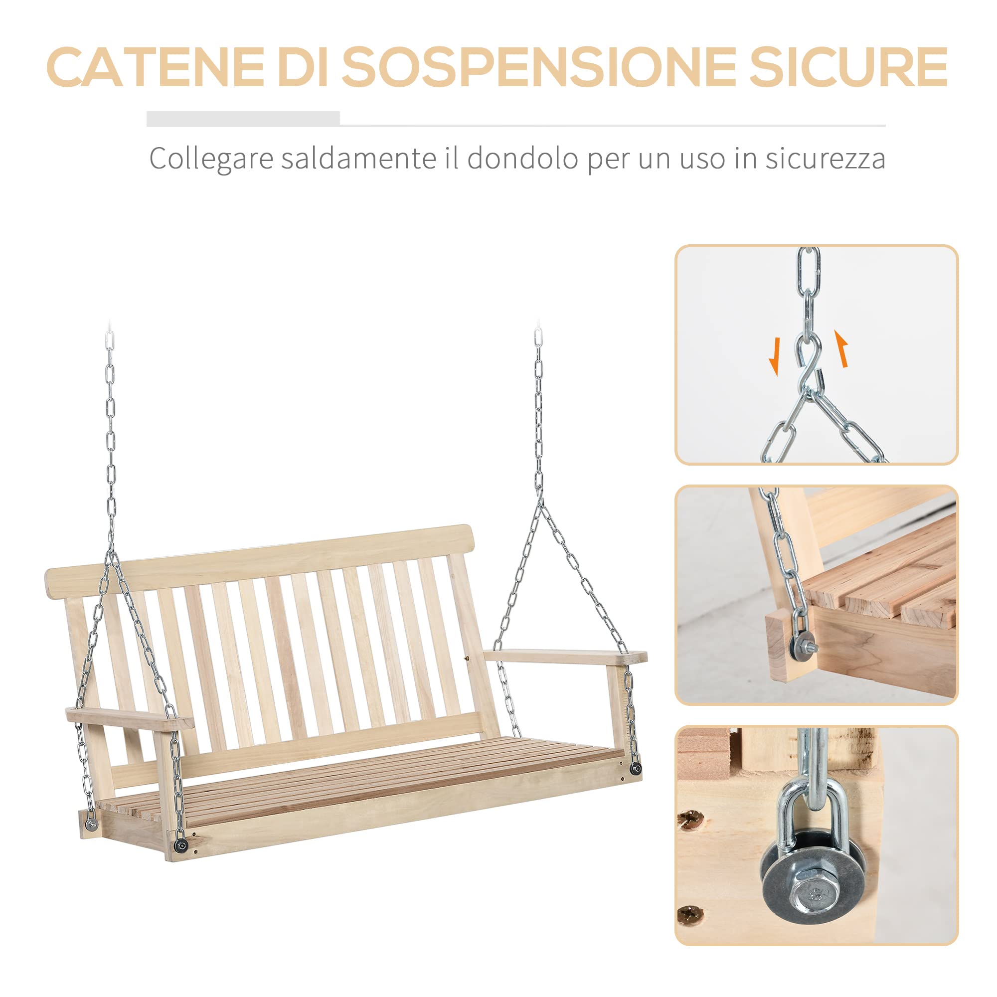 Outsunny Dondolo per Esterno Sospeso per 2 Persone in Legno e Catene in Metallo, Colore Naturale 119x65x61cm