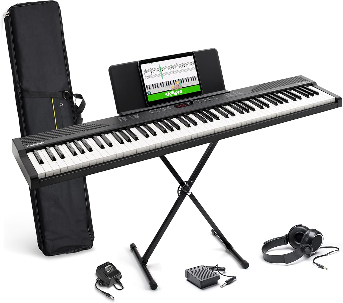 Alesis 88 Key Keyboard Piano with 480 Sounds, Speakers, USB MIDI, Carry-Bag, Stand, Headphones, Pedal and Piano Lessons for Beginners