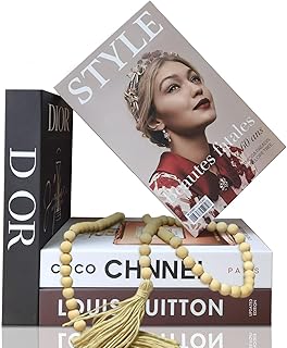 Decorative Books for Home Decor, Set of 4 Fake Books with Wood Bead Tass...