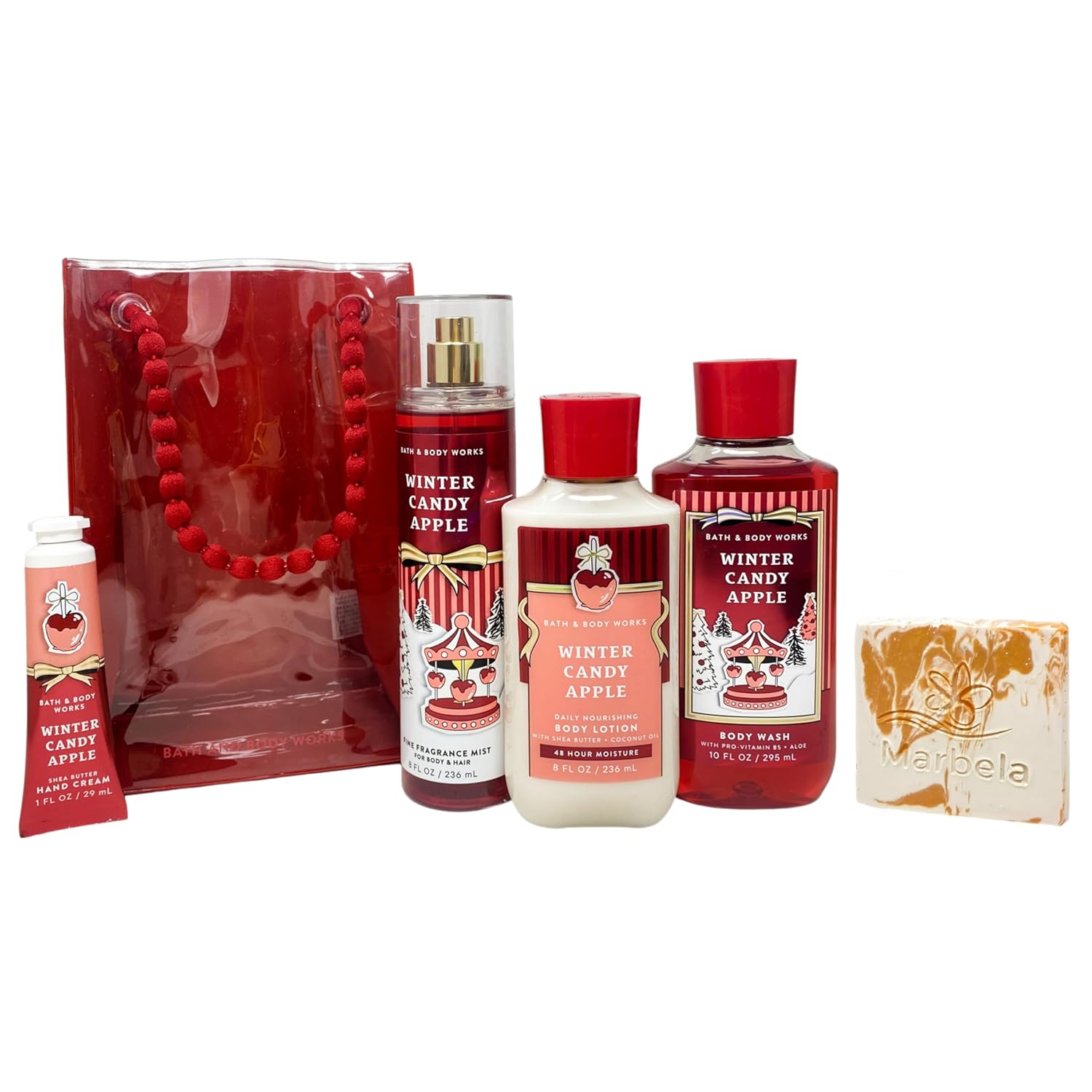 Bath & Body Works Winter Candy Apple Gift Bag Set - Fragrance Mist, Body Wash, Body Lotion and Hand Cream - with a Peach Gardenia Sample Soap