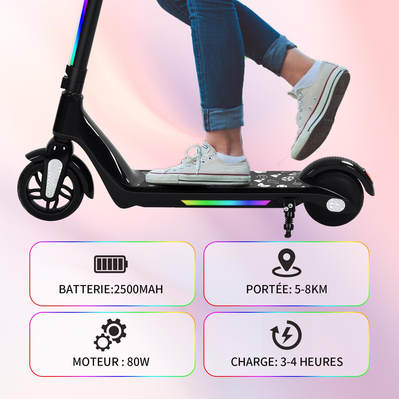 Trottinette Electrique Enfant 6 a 12 Ans, Lumières Arc-en-Ciel Colorées, Charge Max 50 Kg,Autonomie de 8 km, Affichage LED, Vitesse et Hauteur Réglables, Trottinette Electrique pour Enfants
