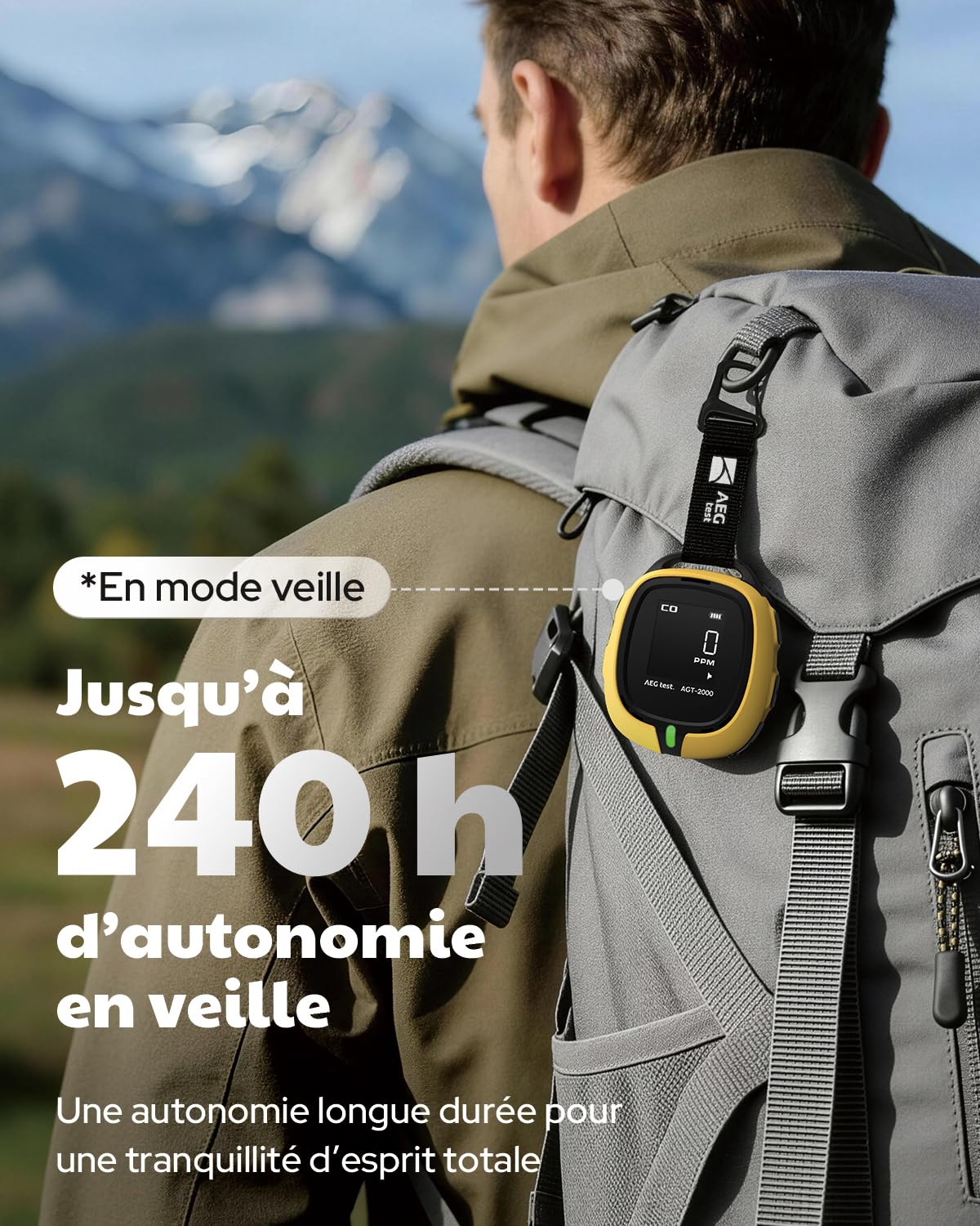 AGT-2000 Détecteur de Monoxyde de Carbone Portable pour Le Voyage, 240 H d’Autonomie, Détecteur CO avec Alertes Sonores et Visuelles, Rechargeable, avec Lampe d’Urgence Intégrée