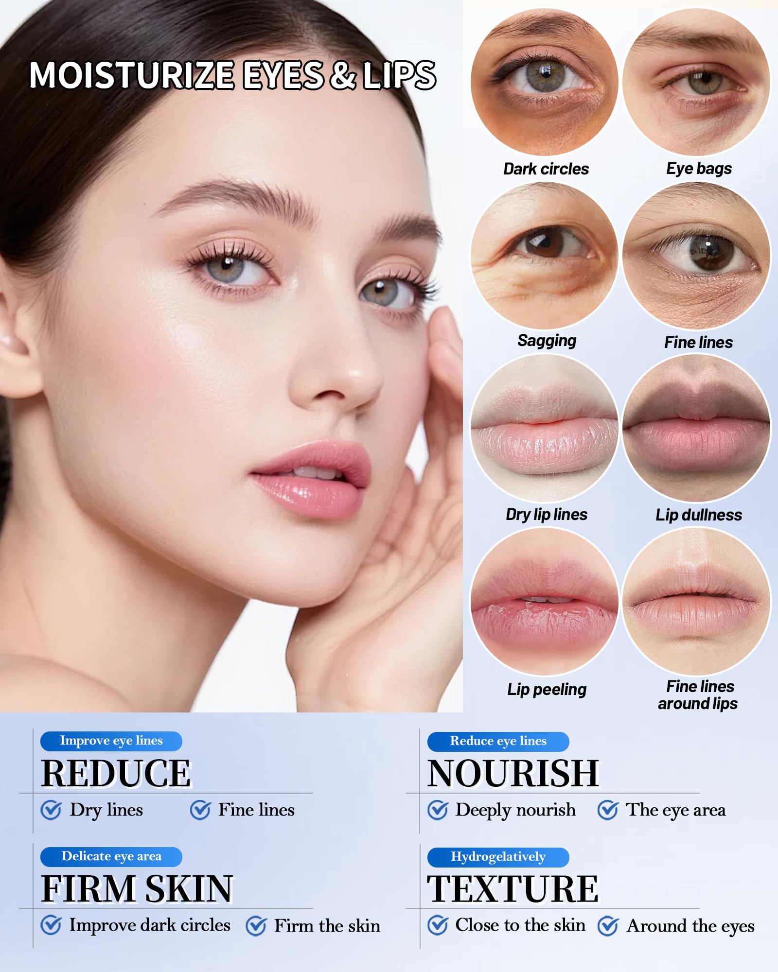 Lot de 8 Masques Yeux et Lèvres au Collagène, Cristal Pêche Patchs Améliorer les Cernes et Poches, Rides et Rides Fines, Masque Lèvres Hydratant, Kit Complet Soins Cadeau Femme Beaute - Set A