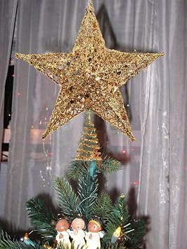 Christmas Tree Star Topper, Xmas Tree Topper Glittered 5 Point Star Treetop for Christmas Tree Ornament Indoor Party Home Decoration (Golden, 6inch)