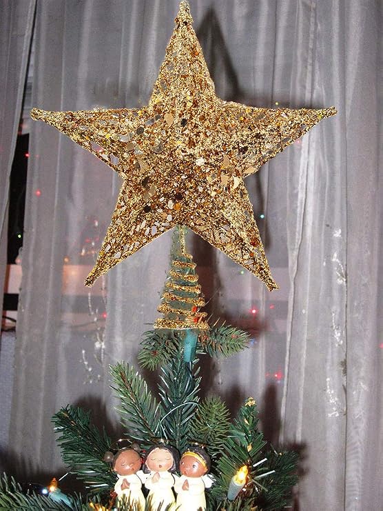 Christmas Tree Star Topper, Xmas Tree Topper Glittered 5 Point Star Treetop for Christmas Tree Ornament Indoor Party Home Decoration (Golden, 6inch)