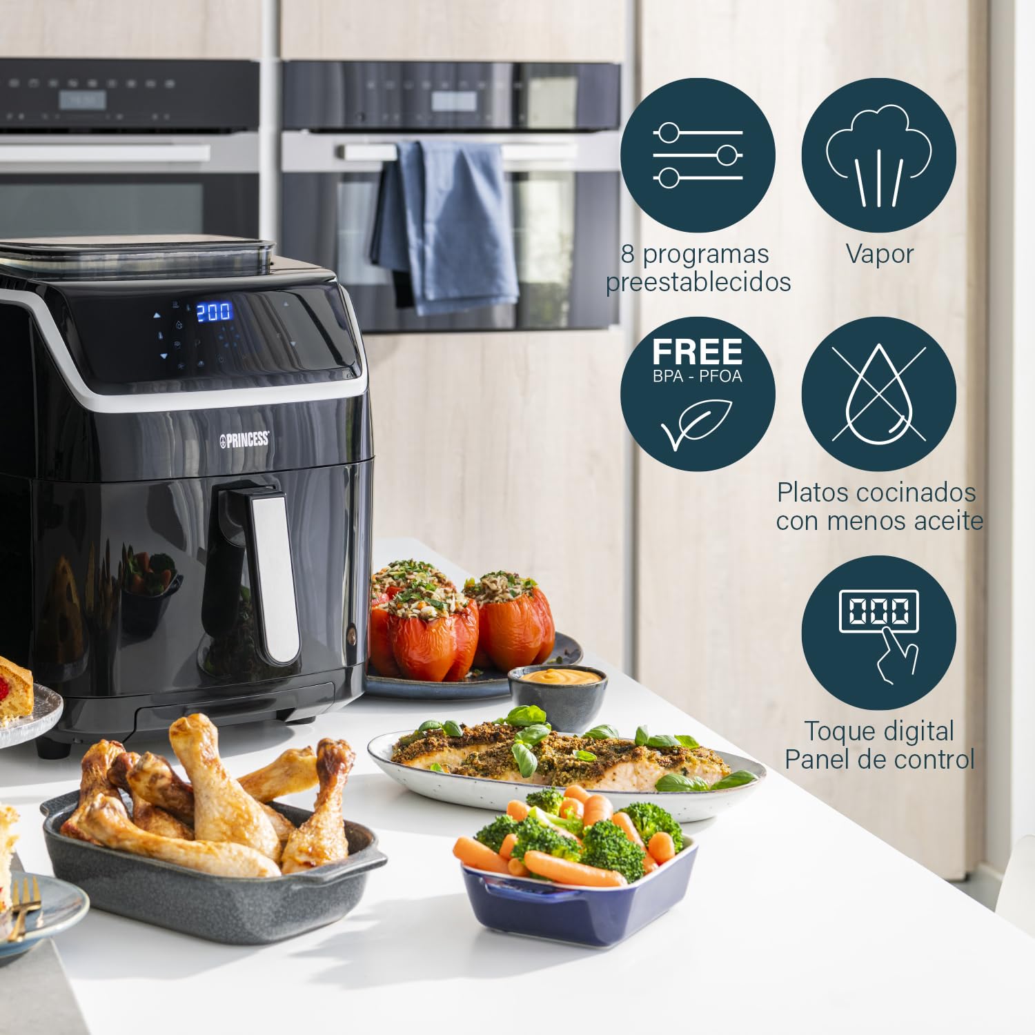 Princess 182080 Freidora sin aceite y vaporera 2 en 1 multifunción, capacidad 6.5 L, Ahorra hasta un 62,2% de energía, 8 programas, panel digital táctil, recetario en PDF y accesorios incluidos