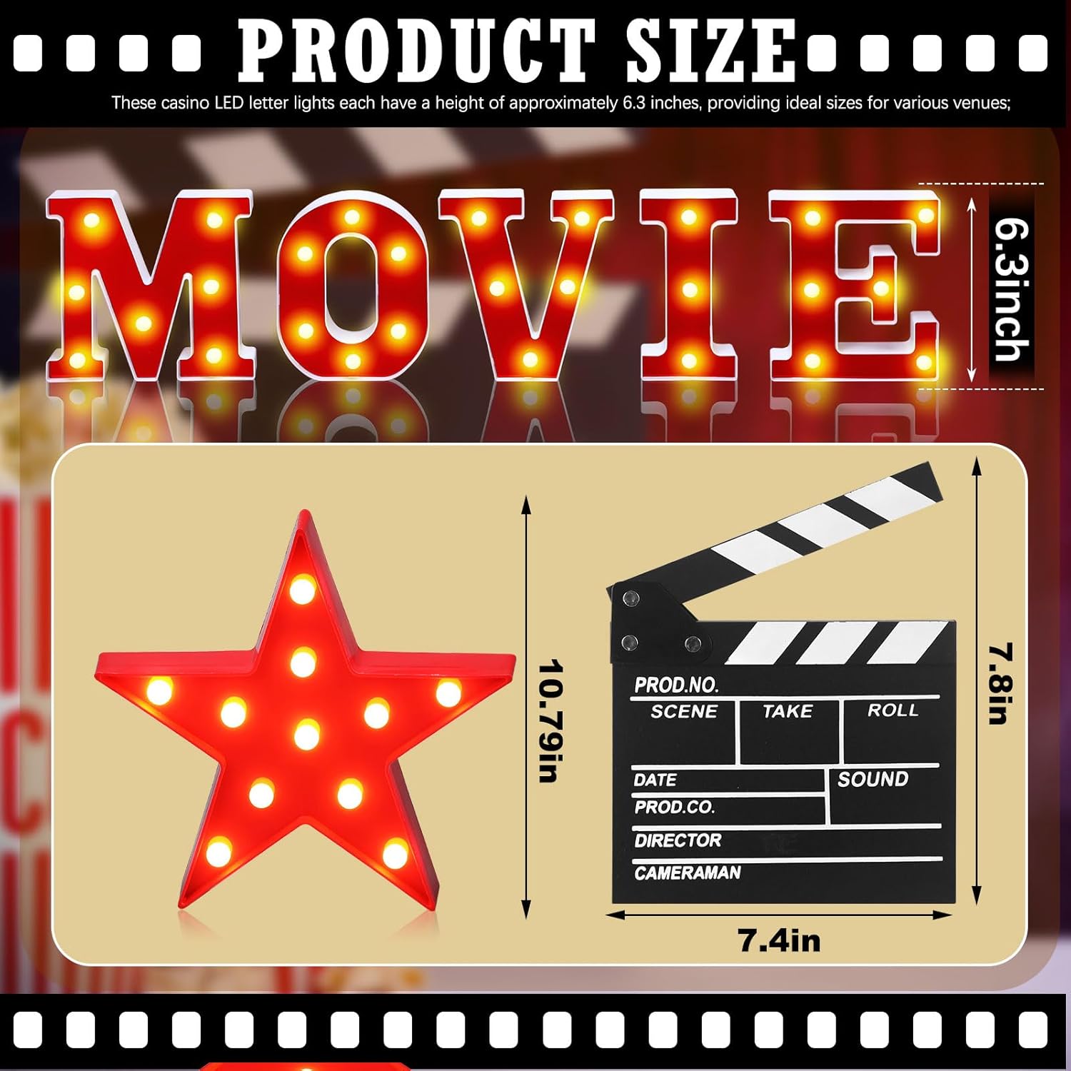 7 Pcs 6.3" Movie Light up Letters Sign LED Movie Night Party Decorations Include Theater Letters Film Clap Board and Marquee Star Sign for Party Photo Props Table Centerpieces(10'' Height)