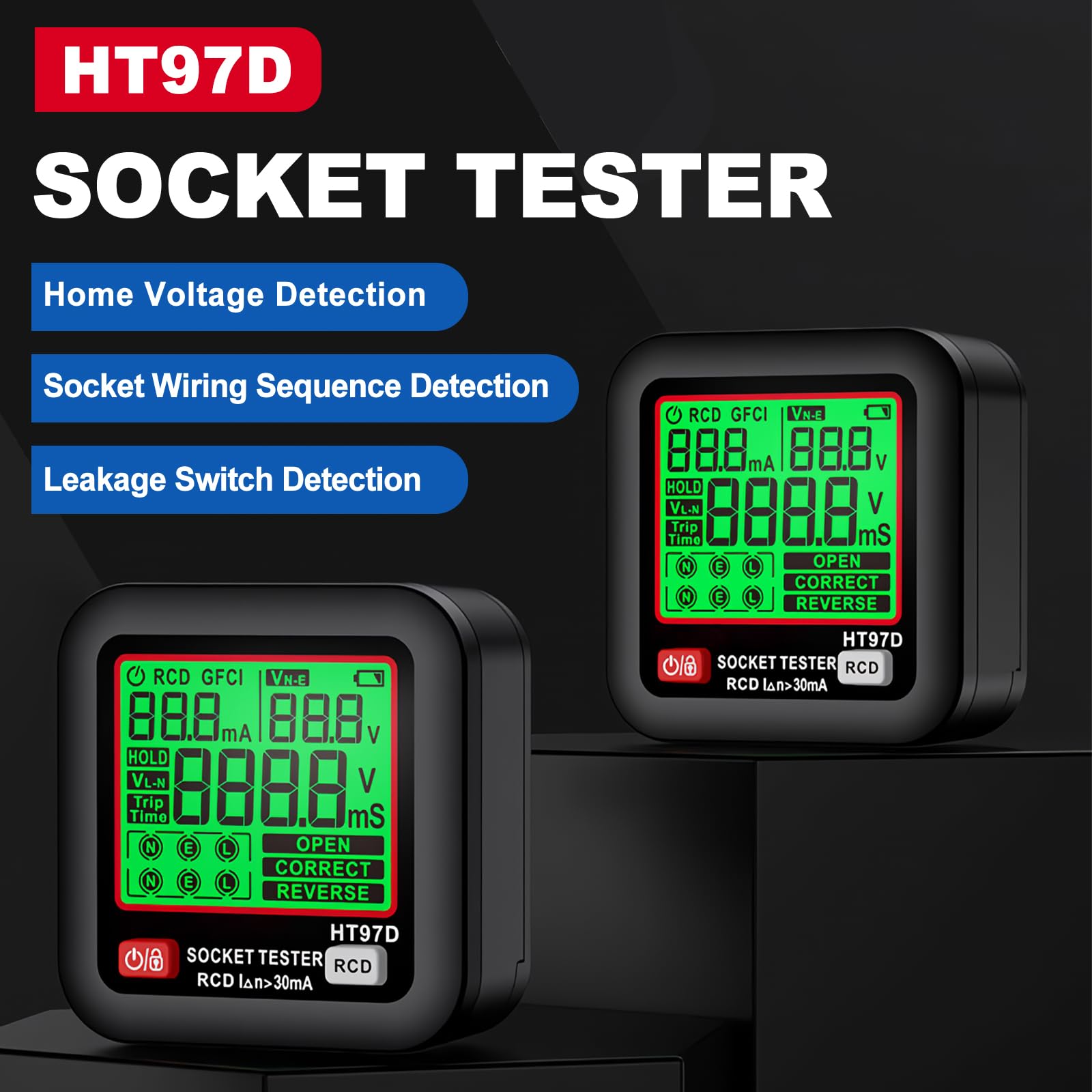 Steckdosenprüfgerät mit Spannungs und Frequenzanzeige, Steckdosentester mit RCD Prüfung und LCD Voltage Display, 6 Arten von Fehlerdiagnose, Leckspannungs und Stromanzeige, FI Test, 30-260V/45-65Hz