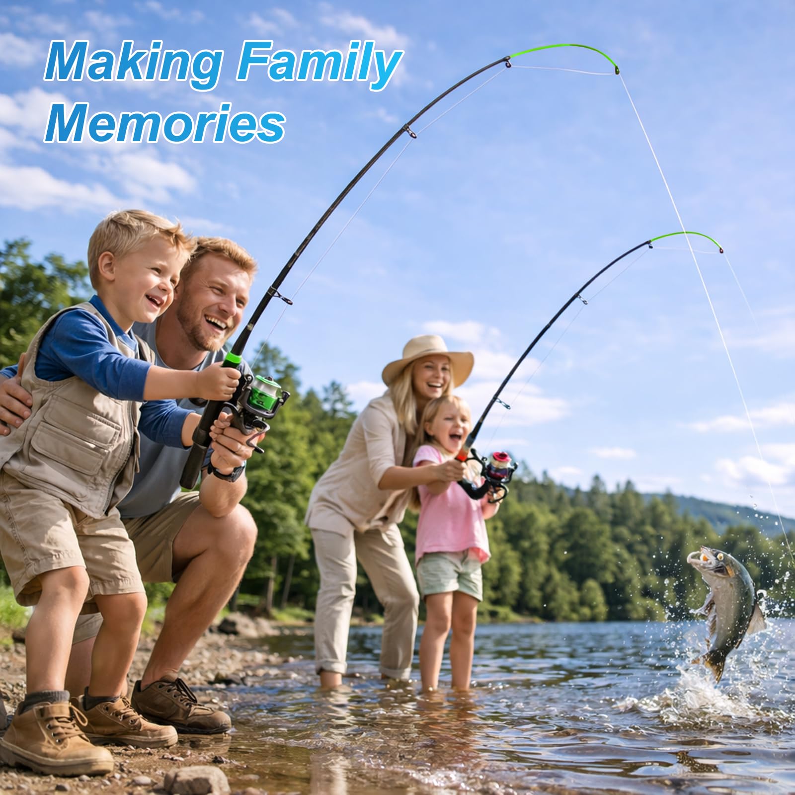 Set di 2 canne da pesca telescopiche per bambini, kit di avviamento con rete da pesca con mulinello combinato per acqua salata e acqua dolce con lenze e borsa per il trasporto, per ragazzi e ragazze