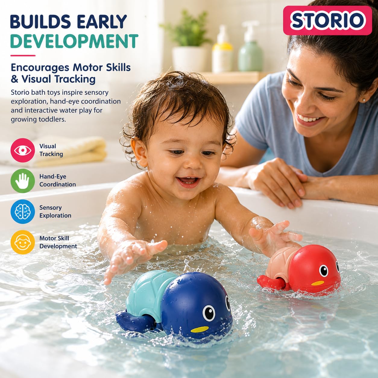 Storio Cute Swimming Baby Water Turtle Bath Toys for Toddlers | Set of 2 | Turtle Toy | 1-3, Floating Wind Up for 1 2 3 4 5 Year Old Boy Girl, New Born Baby Bathtub Water 3