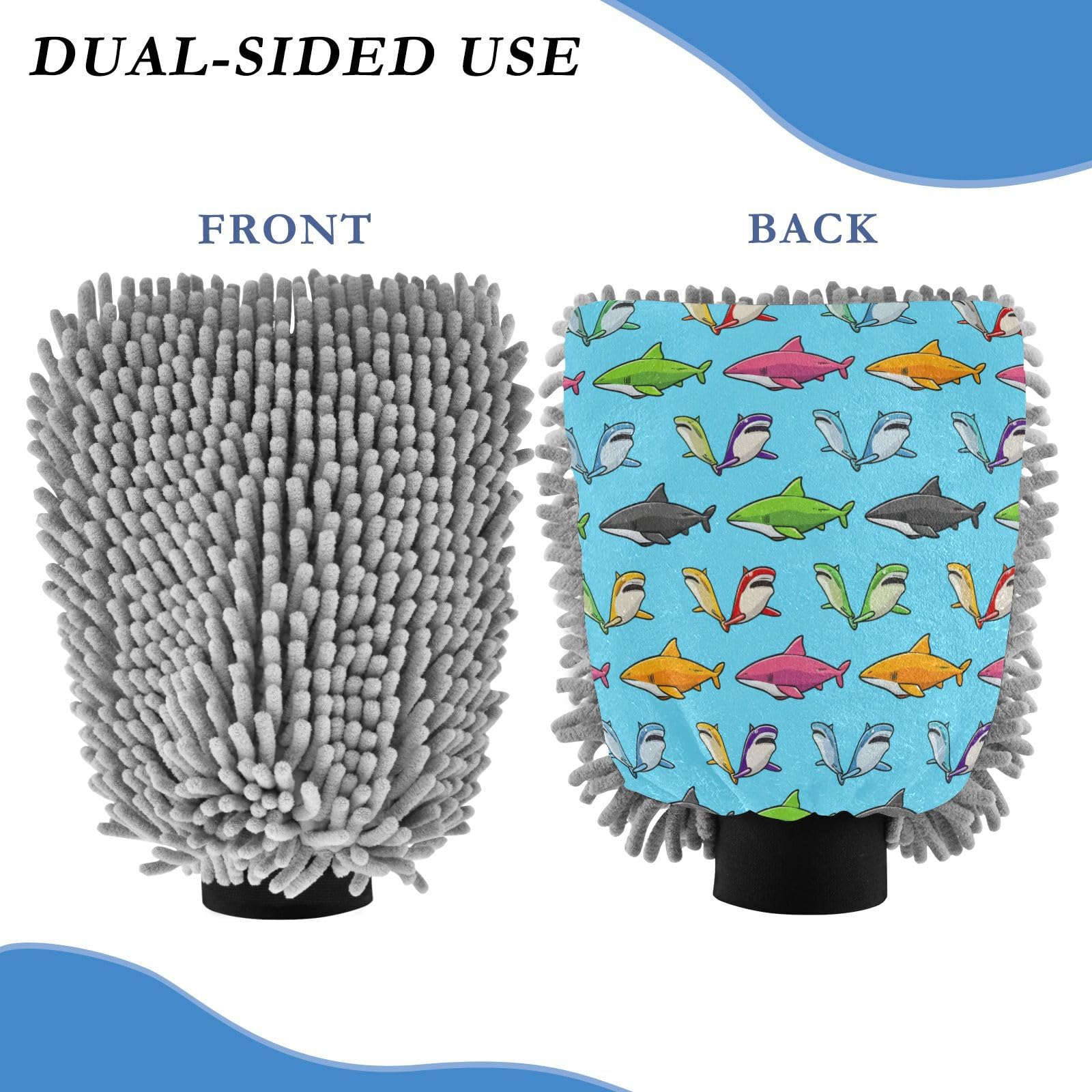 Kigai Sharks Car Wash Mitt Microfiber, 2Pcs Scratch Free Lint-Free, Premium Chenille Microfiber Mitt Car Wash Brush-L