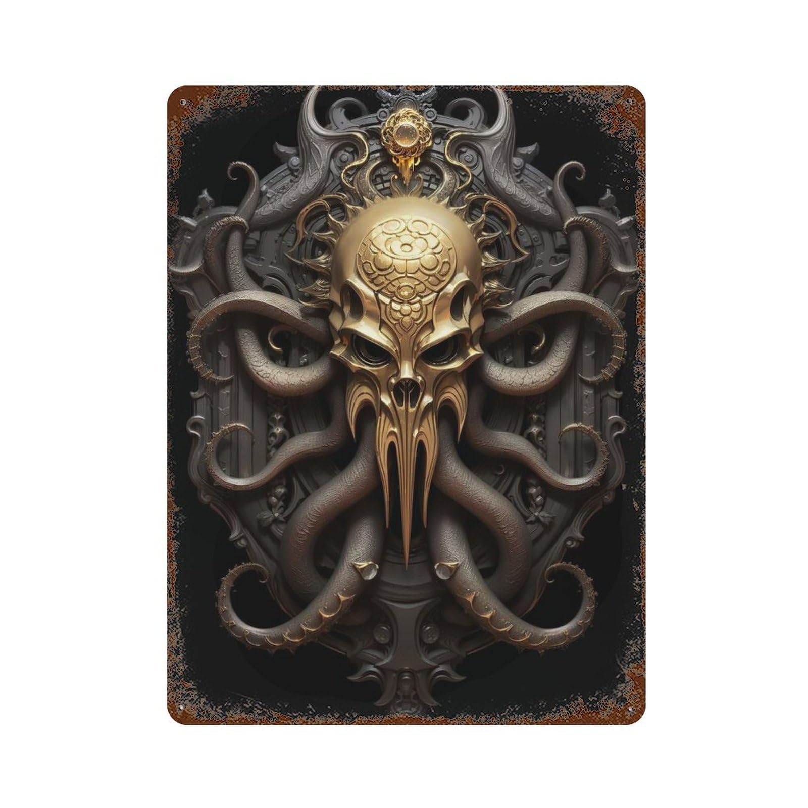 Golden Skull Kraken Lord Decorative Tin Sign 15.7"x11.8", for Bistro, Counter And Cafe Decor, Novelty Wall Decor