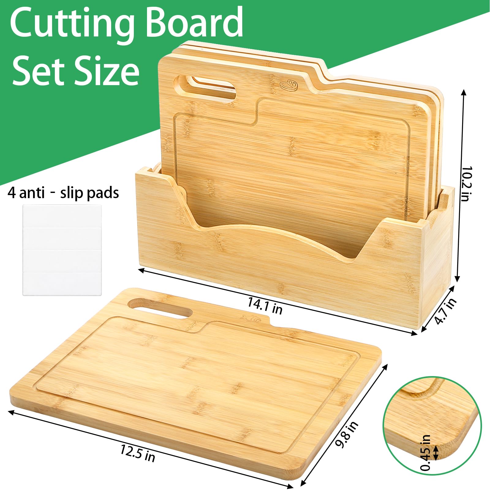 ZENFUN Set di 4 taglieri in bambù con supporto, set di taglieri in legno, set di taglieri con icone alimentari, tagliere da cucina ideale per carne, pesce, pane, verdura, frutta