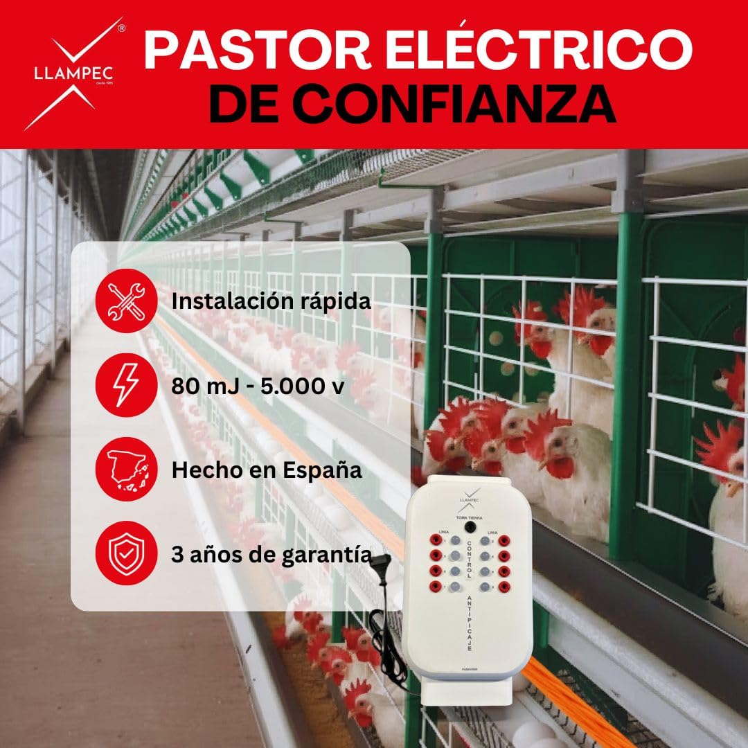Llampec Pastor Eléctrico Avícola Antipicaje PASAVI008 – 80 mJ y 5.000 V – Evita el Picaje de Huevos en Jaulas Ponedores – 8 Salidas Independientes – Fabricado en España