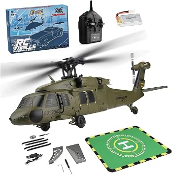 WL K170 BK Hawk RC Helicopter, 2.4G 4CH Flybarless 6-Axis Gyroscope Altitude Hovering RC Military Helicopter with Display Stand and Apron Takeoff Landing Pads RTF Version