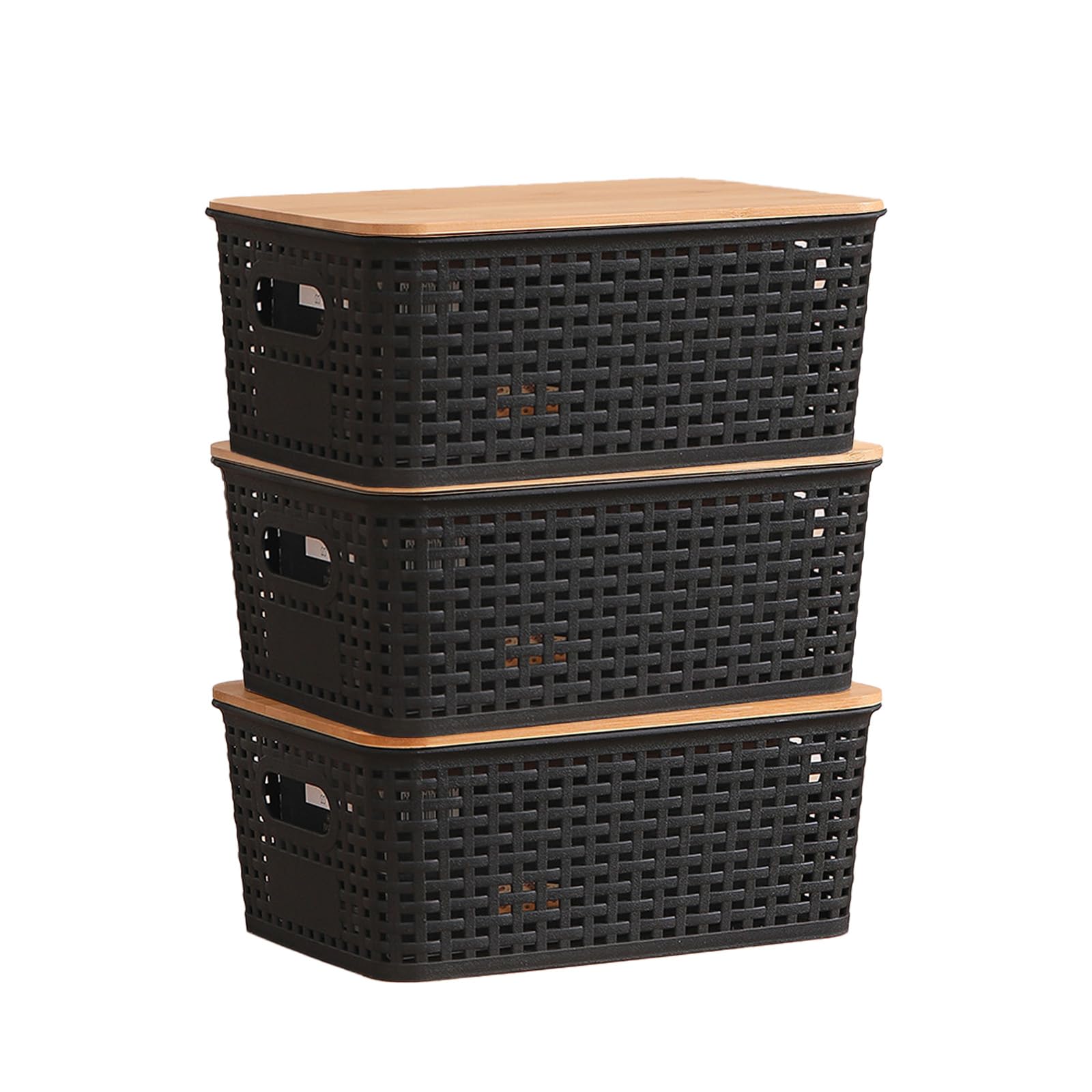 Kongming Cajas Almacenaje plastico, 3 piezas Cestas Almacenaje con Bambu Tapa 5L Cajas Organizadoras apilables para Baño, Cocina, Dormitorio 25 x 18 x 10 cm (negro)