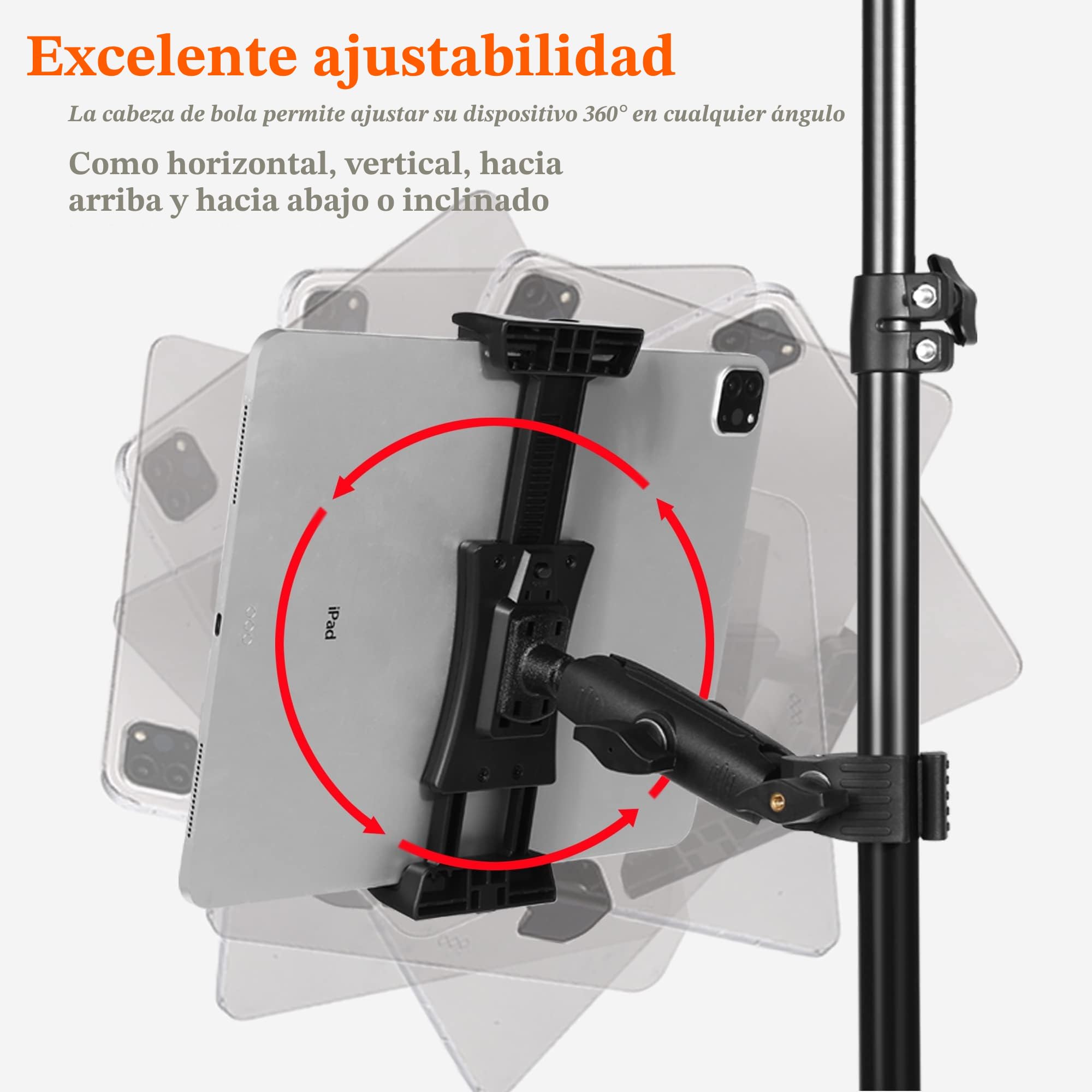 Soporte para iPad micrófono teléfono Tablet de música Ajustable Giratorio con Abrazadera súper Mango iPad Pro 12.9 Air Mini, Android, iPhone y tabletas de 4 a 13.5 Pulgadas