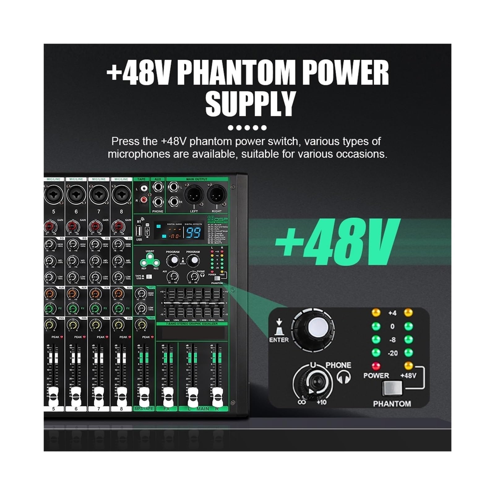 Mikser audio, 8-kanałowy mikser audio mono, 99 efektów, 7-pasmowy korektor, 48 V, konsola miksująca DJ, nagrywanie USB, stół dźwiękowy do sta do karaoke w studiu