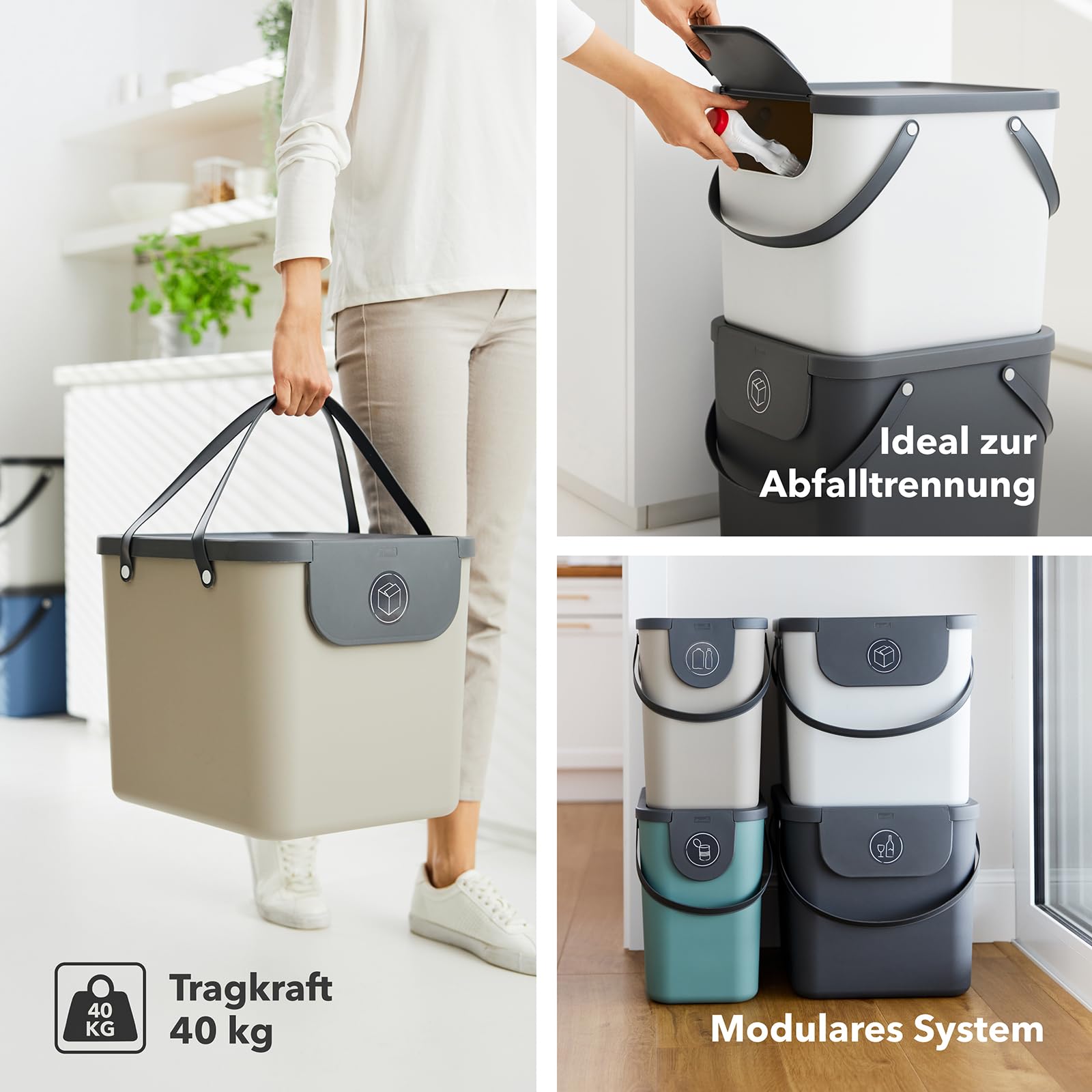 Rotho Albula 2er-Set Abfalltrennsystem 40l | Mülltrennsystem 2fach mit Henkel und Aufklebern | stabil & stapelbar | auch gestapelt zu öffnen | einfach zu reinigen & hygienisch | grün/anthrazit