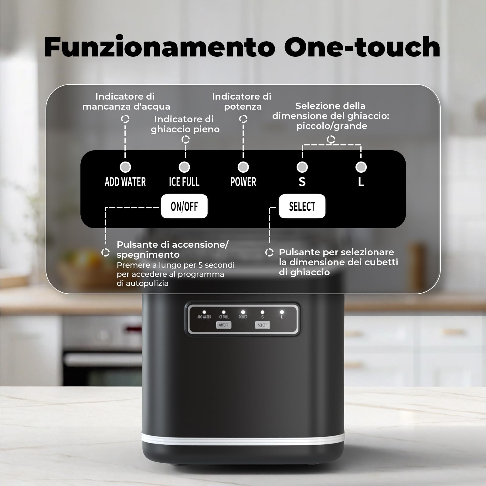 Macchina Ghiaccio 12kg/24h, Autopulente Macchina del Ghiaccio Casa 1,5L, Silenzioso Macchina per il Ghiaccio 9 Cubetti in 6 Minuti, Ice Maker con Maniglia/Paletta/Cestello, Nero