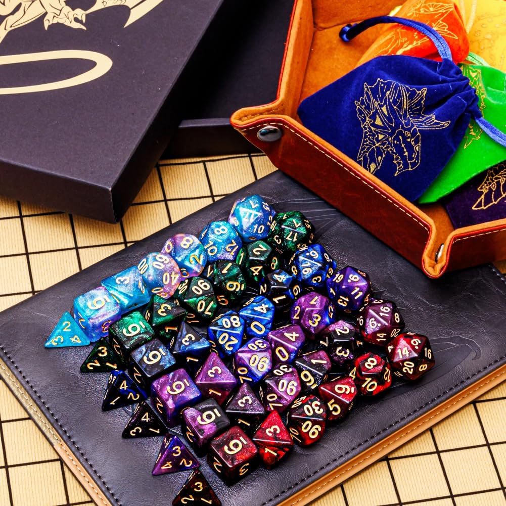 DND - Set di 42 dadi poliedrici per giochi di ruolo da tavolo di D&D e MTG, con sacchetti colorati con coulisse e vassoio per dadi (vassoio a stella)