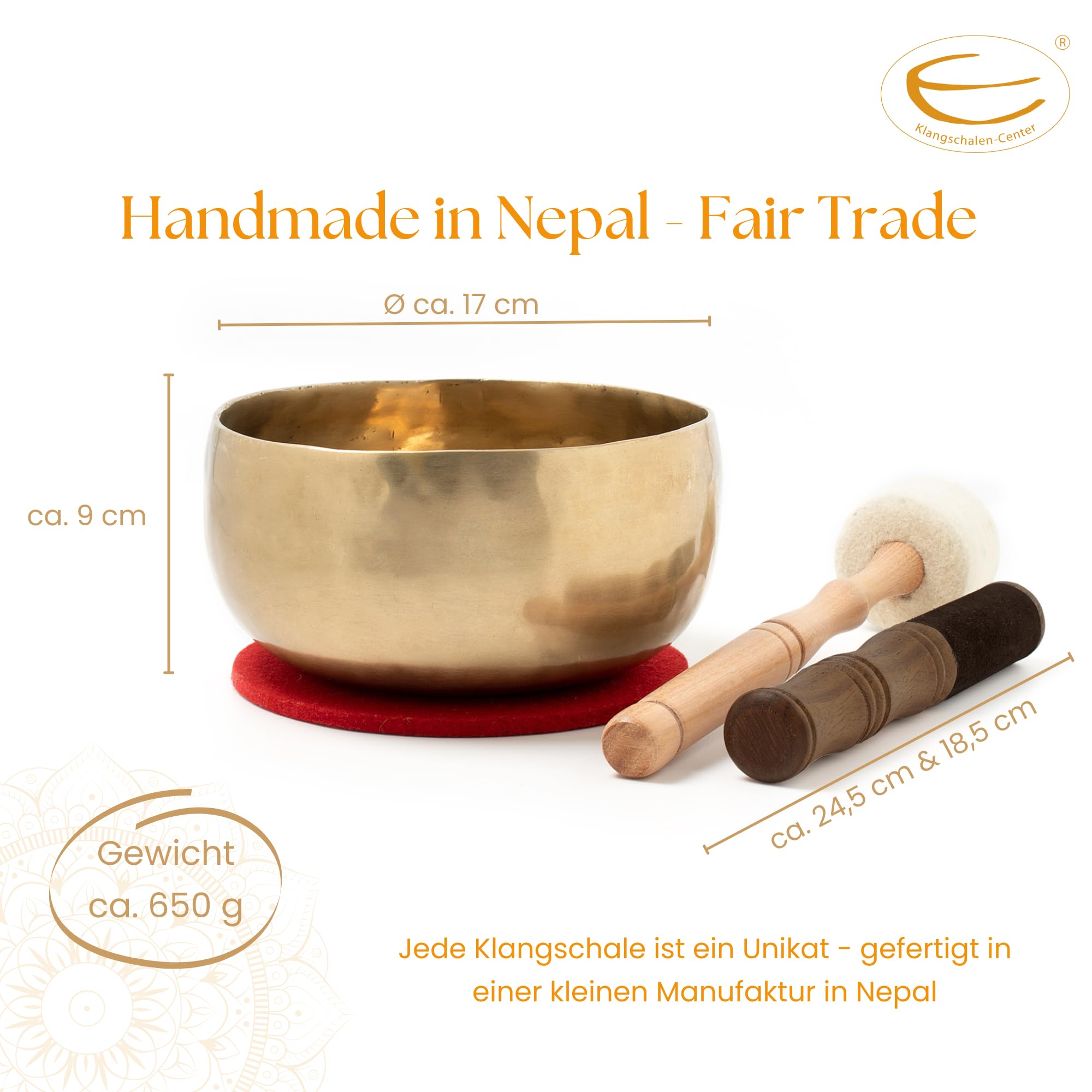 Nepal- Klangschale I 600-700 g I für Meditation, Yoga & Entspannung I Inkl. Klöppel/Pad I Handgeschmiedet I Fair Trade aus Nepal