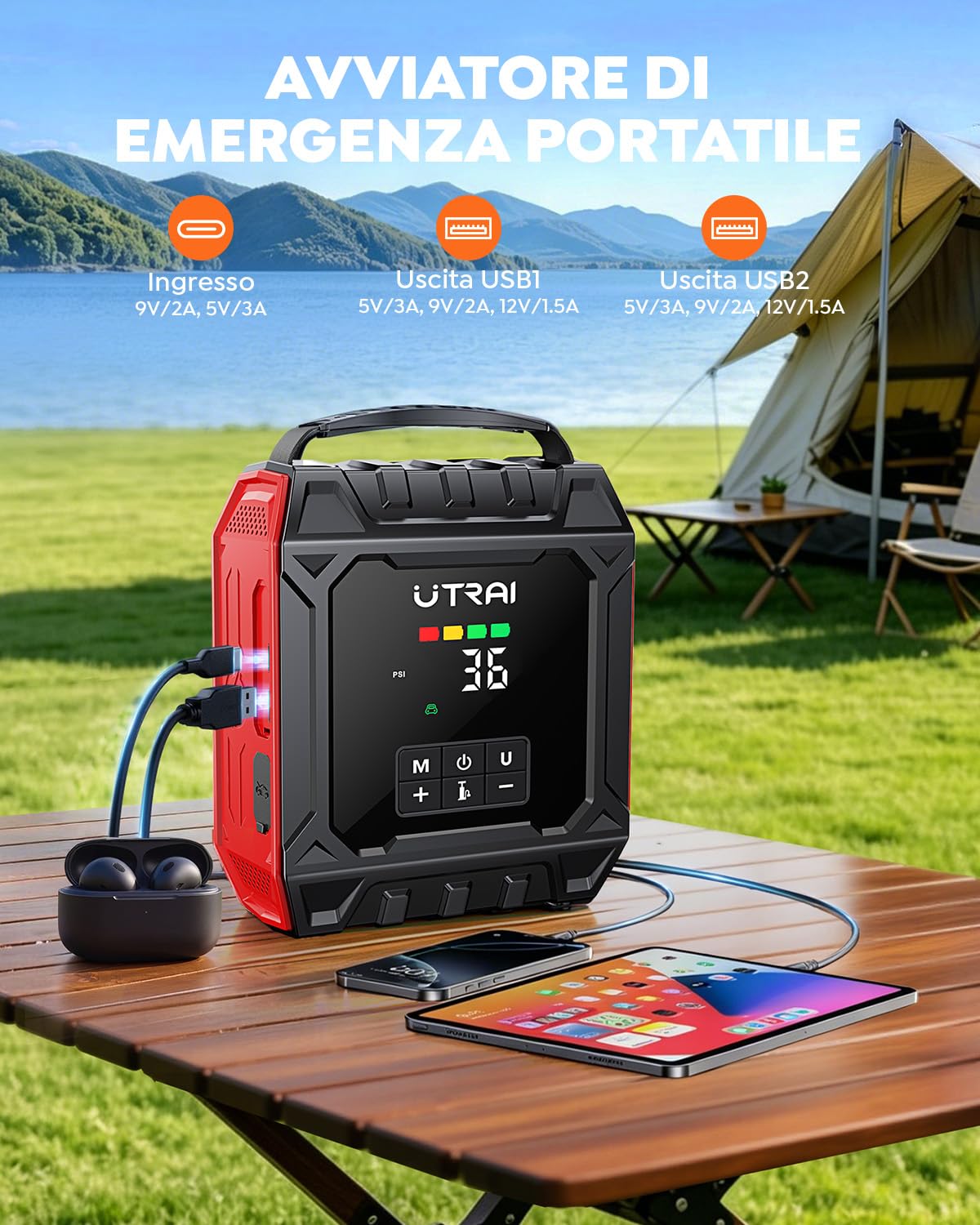 8000A Avviatore Batteria Auto con 160PSI Compressore (ALL Gas/10.0L Diesel) | UTRAI Avviatore Emergenza per Auto 12V Booster Avviamento Auto con Luce Magnetica da 1000 Lumen, Kit Riparazione Pneumatici