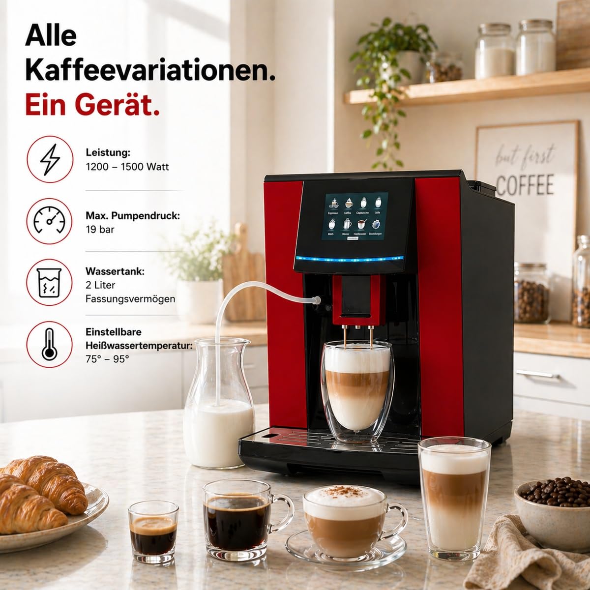 Acopino Vittoria OneTouch Kaffeevollautomat – Cappuccino & Latte auf Knopfdruck, großes 3,5" Touchdisplay, leise & kompakt, einfache Reinigung – Alternative zu Markenmaschinen