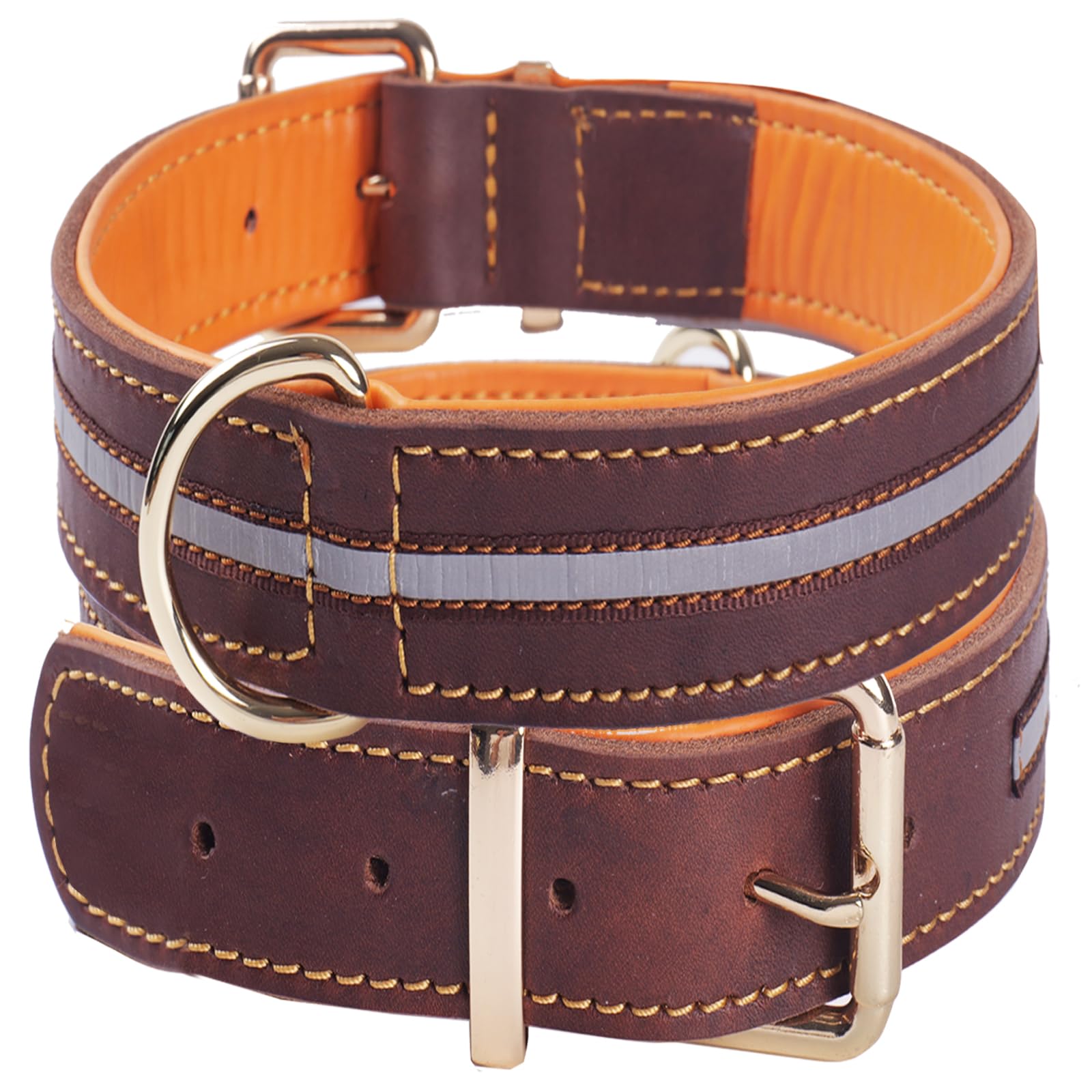 Collar de Perro de Cuero Grueso,Heavy Duty Cuero Genuino, Reflectante y Ajustable,Suave Acolchado para Mayor Comodidad,Collares de Perro Fuerte para Medianas, Grandes, Extra Grandes Razas（Marrón）(XL)