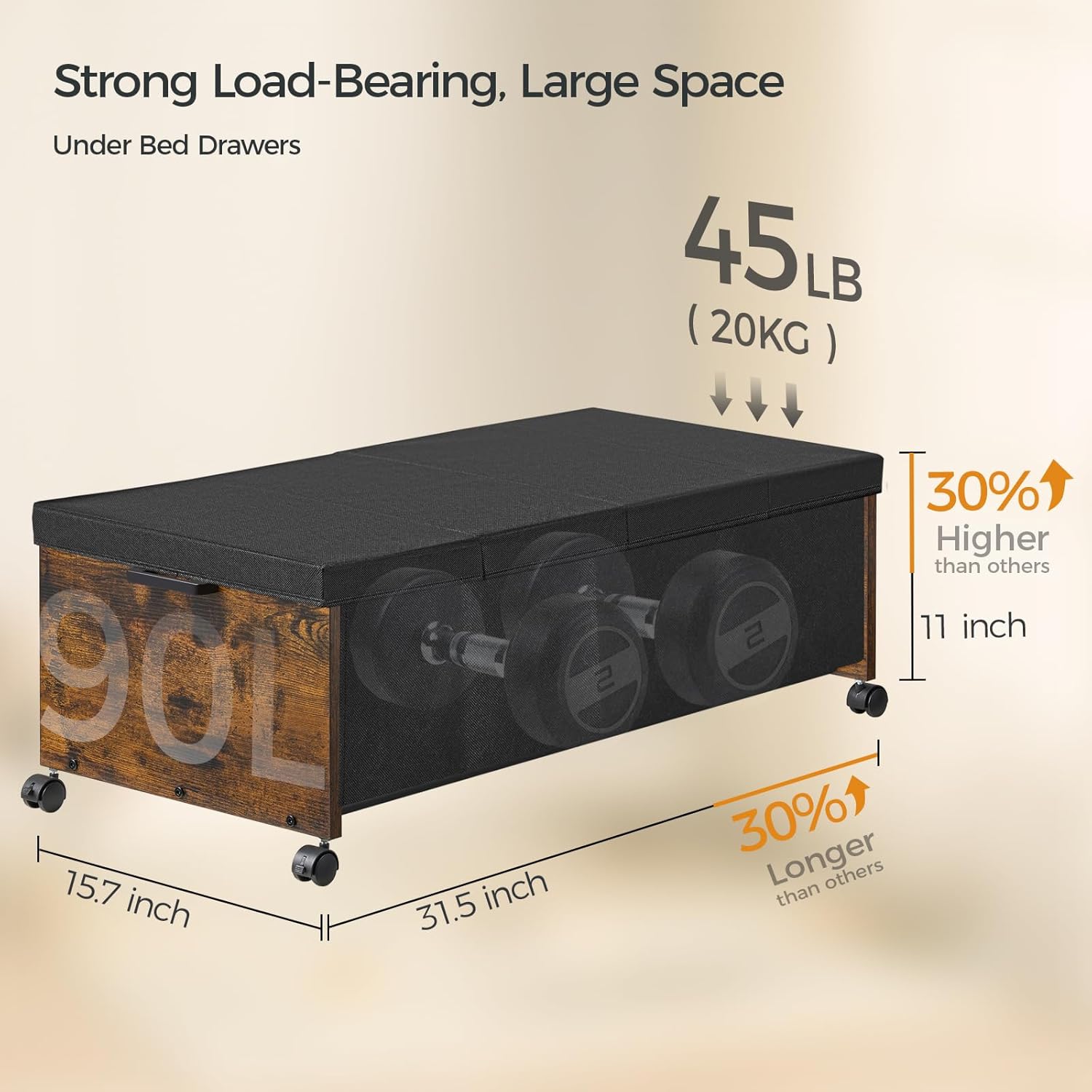 Under Bed Drawers on Wheels, XXXXL Size, UnderBed Storage with Wheels, Wooden Under Bed Storage, Underbelly Storage, Heavy Duty, Patented Design