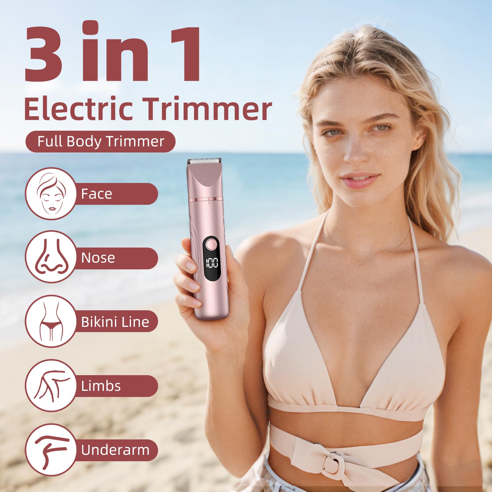 Rasierer Damen, Damenrasierer Elektrisch, unterstützt Nass- und Trockengebrauch, Körper, Gesicht, Nasenhaartrimmer, Achsel, Bein, Arm, mit LED Anzeige, IPX6 Wasserdicht