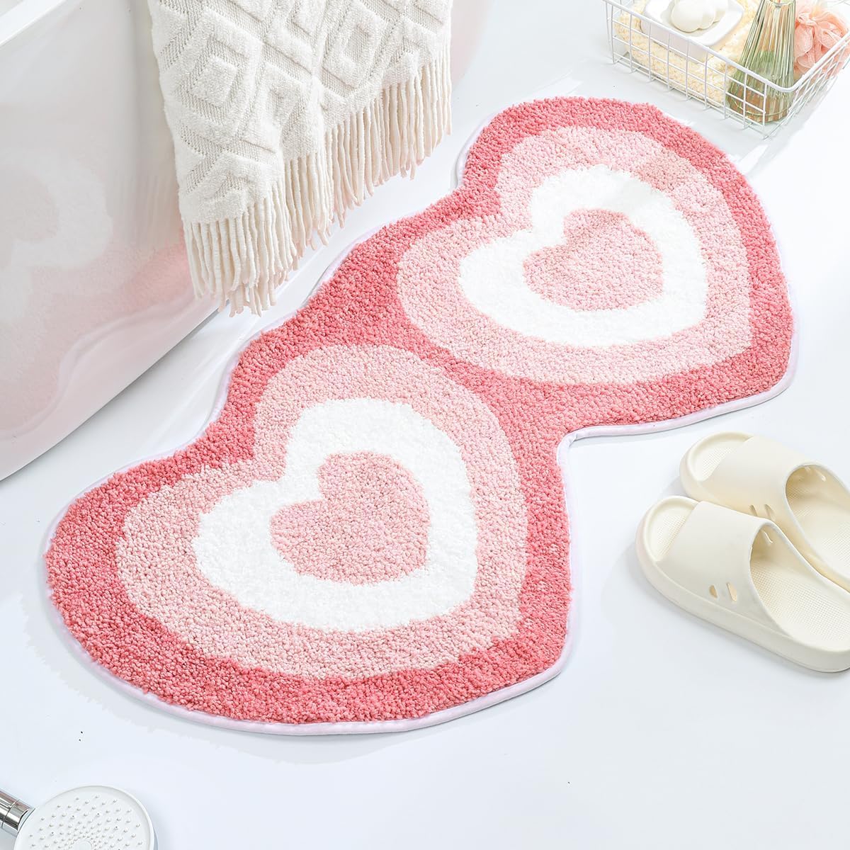Cute Heart Bathroom Rug Super Absorbent Non Slip and Machine Washable Rug Fluffy Bath Mat for Dining Room, Bedroom and Living Room (39"x20", Double Hearts)