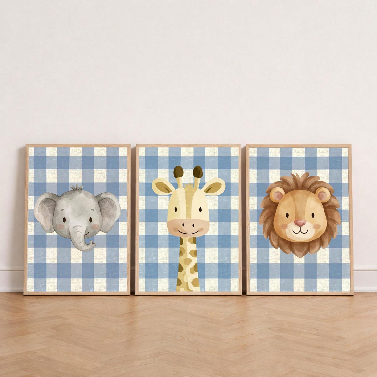 ZBELLO Set of 3 Blue Checkerboard Safari Animal Wall Art Prints, Elephant Giraffe & Lion Posters, Neutral Nursery Decor for Baby Boy Bedroom, Unframed (30x40cm)