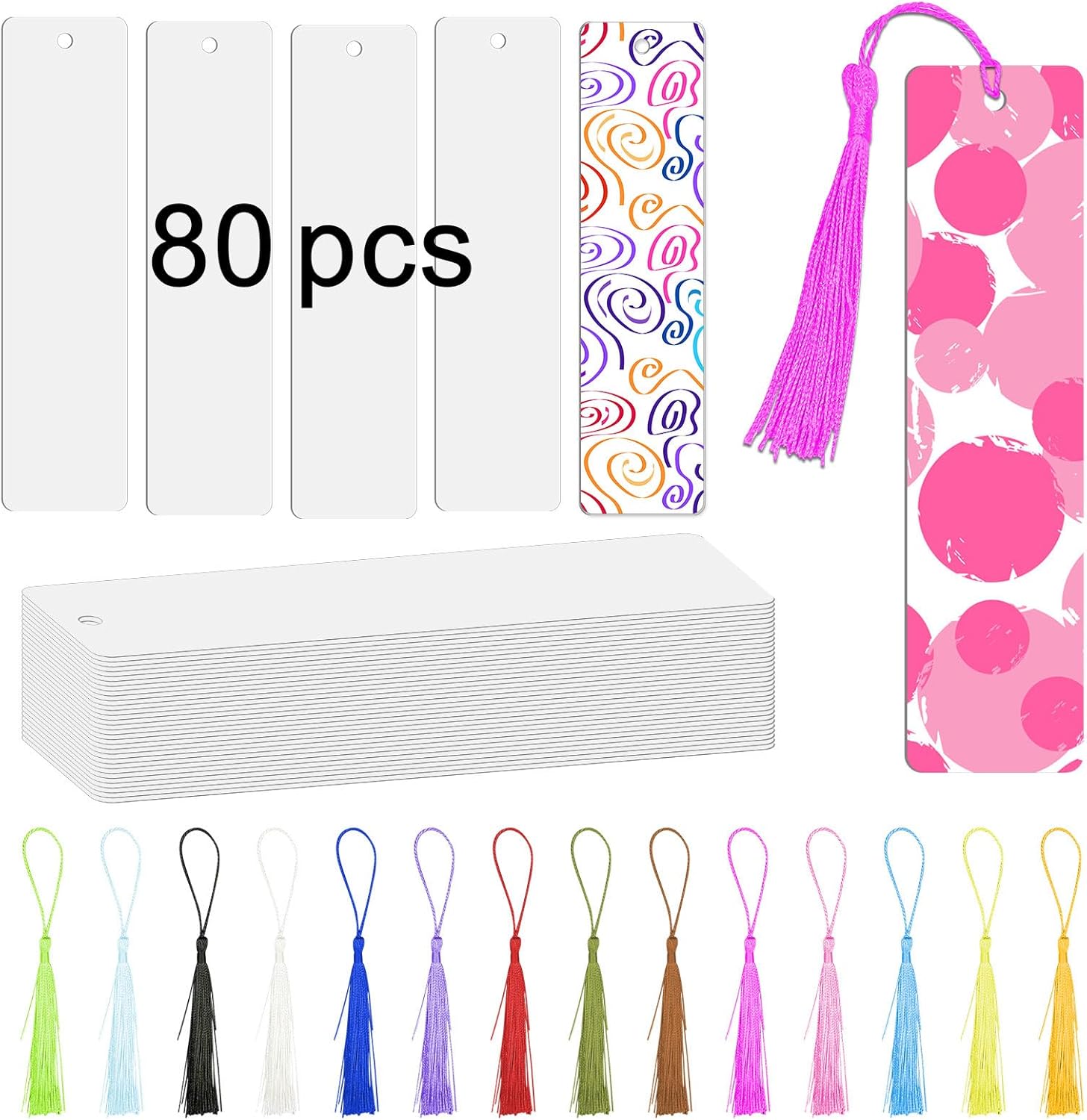 GEKIXUTP 80 Pcs Sublimation Bookmark Blank Heat Transfer Aluminum Metal Bookmarks Bulk DIY Bookmarks with Hole and Colorful Tassels for Crafts,Personalized Tassels Blank Bookmarks, White