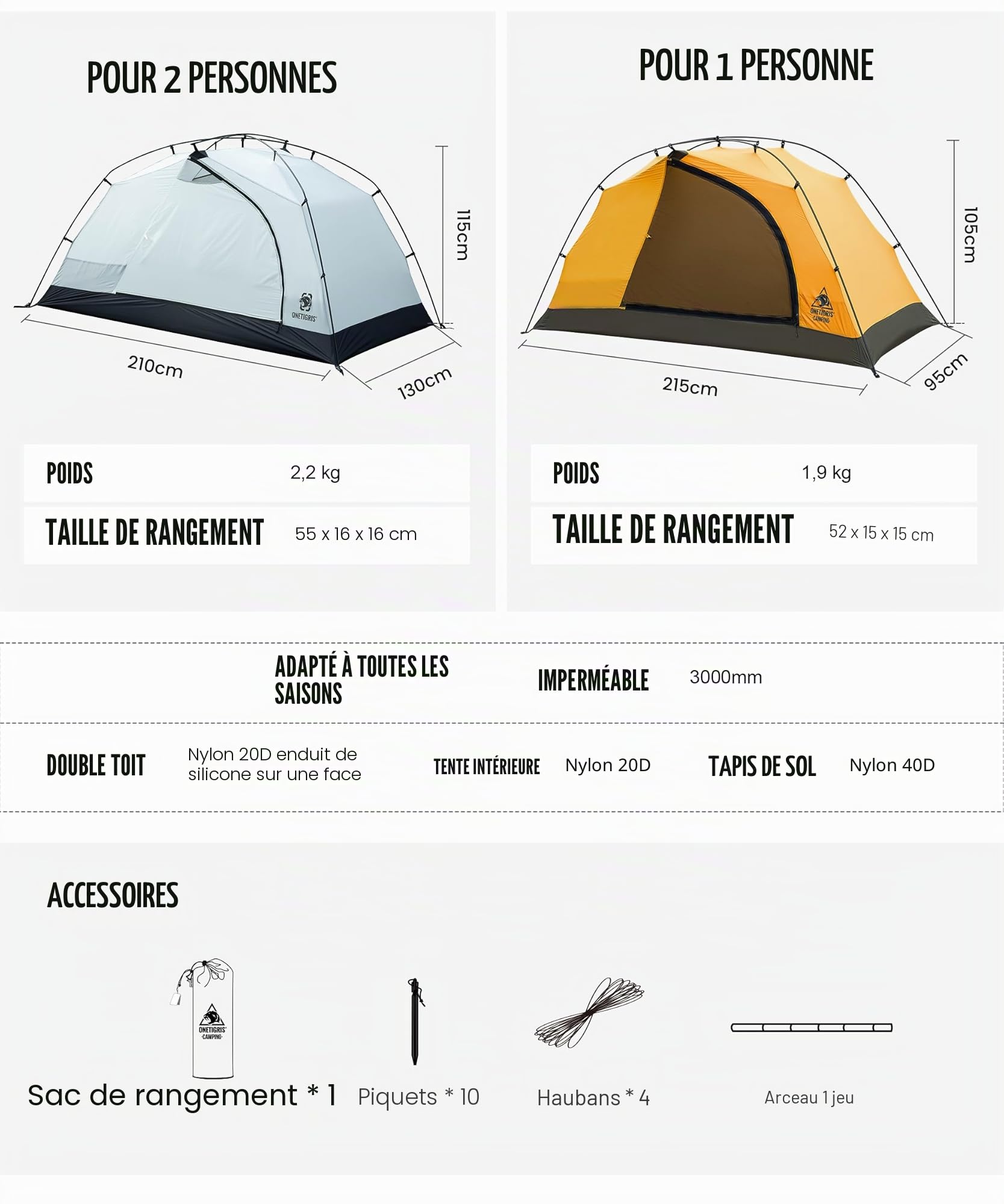 OneTigris Stella Tente de camping autoportante légère 3000 mm étanche 4 saisons pour extérieur, randonnée, alpinisme