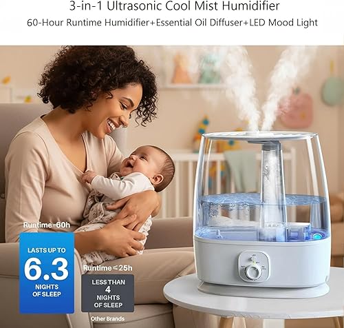 Miniatura 2 de Humidificador para habitación grande, dormitorio, hogar, 6L de llenado superior humidificador ultrasónico de niebla fría 3 en 1, 50H silencioso,