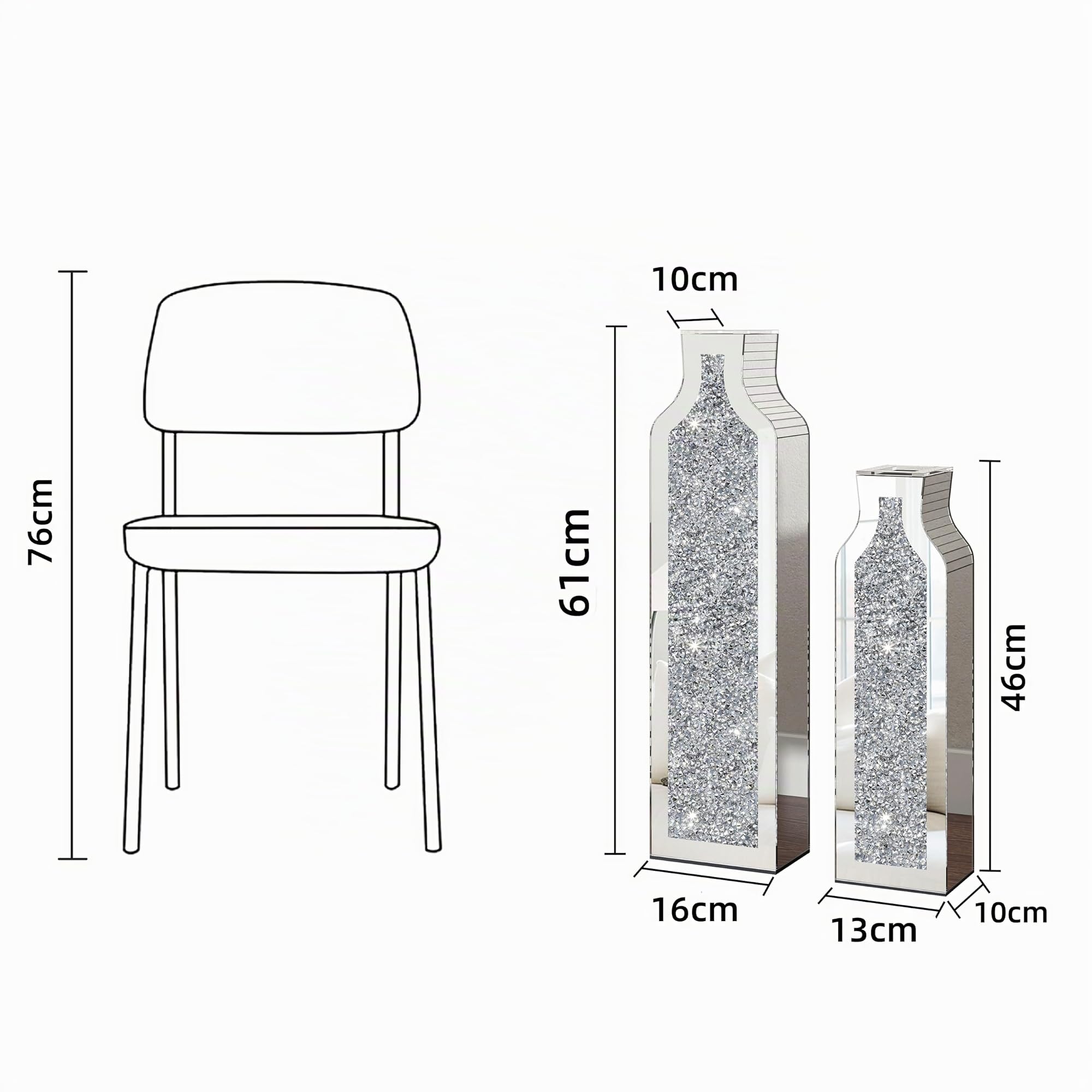 SHYFOY Jarrón decorativo de espejo con diamante triturado de 46 cm y 61,5 cm para el salón – Moderna y elegante jarra de plata decorativa de cristal para flores secas – Decoración elegante y