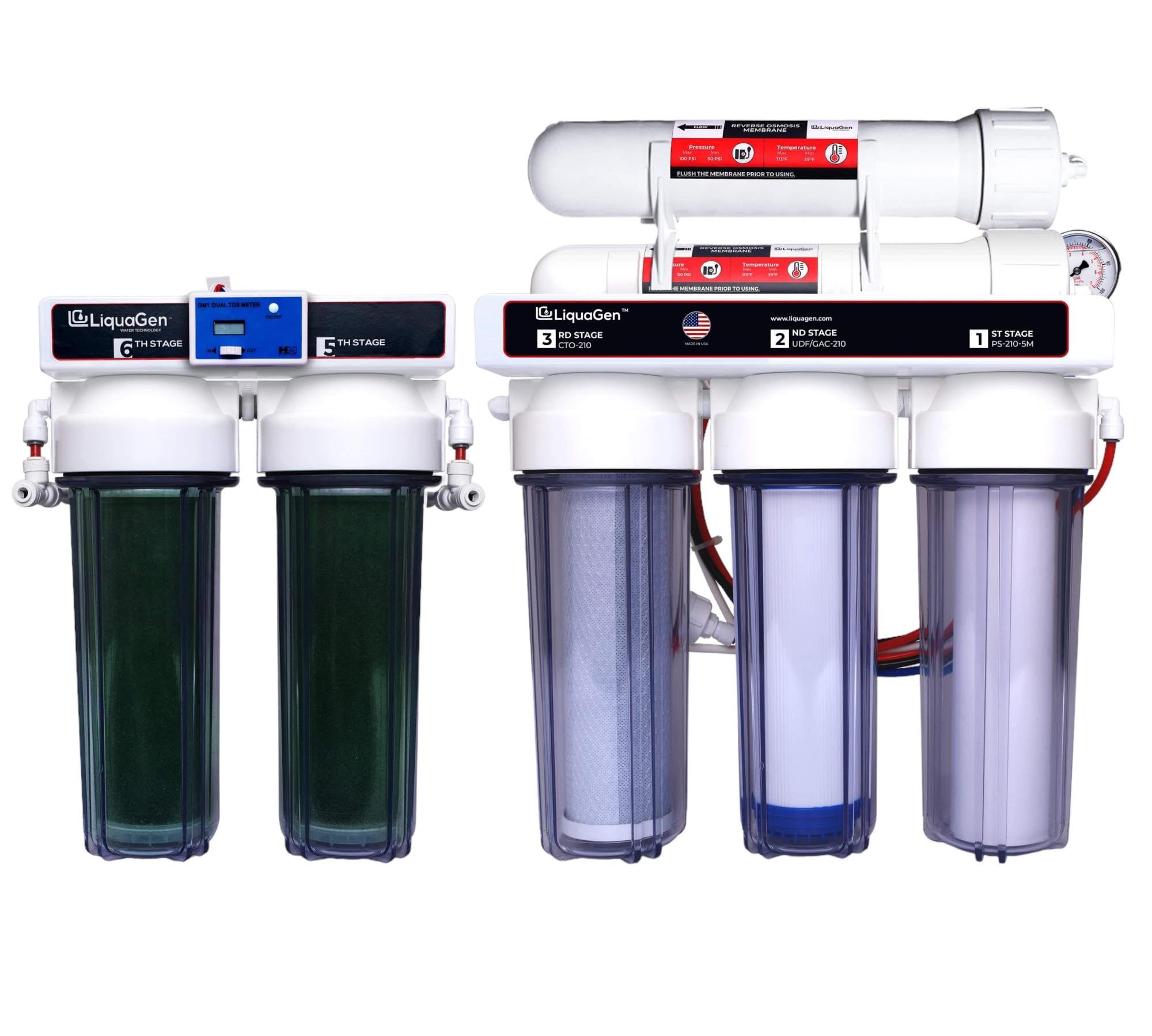 LiquaGen - 6 Stage Heavy Duty - 0 TDS/PPM Reverse Osmosis/Deionization Aquarium Reef Water Filter System | Ultimate Purification RO/DI Machine w/Dual