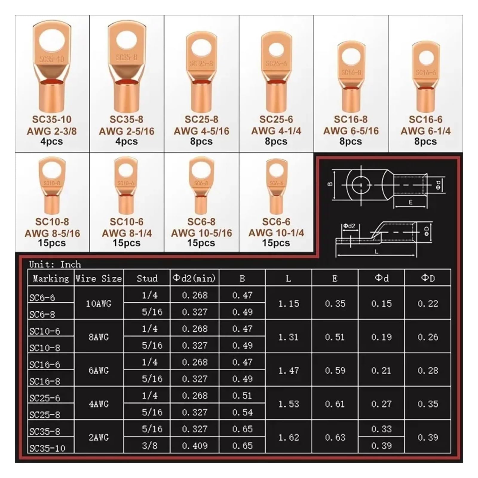 Kit surtido de 200 conectores de terminales de anillo de cobre for cables de batería con tubos termorretráctiles rojos for aplicaciones marinas y automotrices.