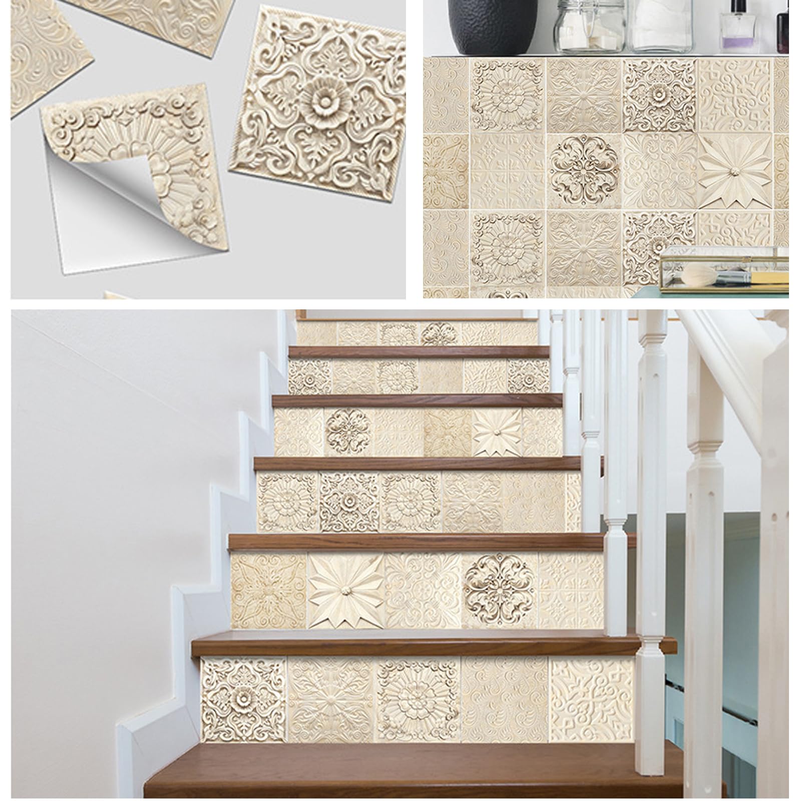 Umelee Stickers Carrelage 48 Pcs, 15×15 cm, Stickers Muraux Adhésifs Imperméables de Style Marocain, Autocollant Mural en PVC pour Bricolage, Cuisine, Salle de Bain, Chambre, Bureau, Meubles