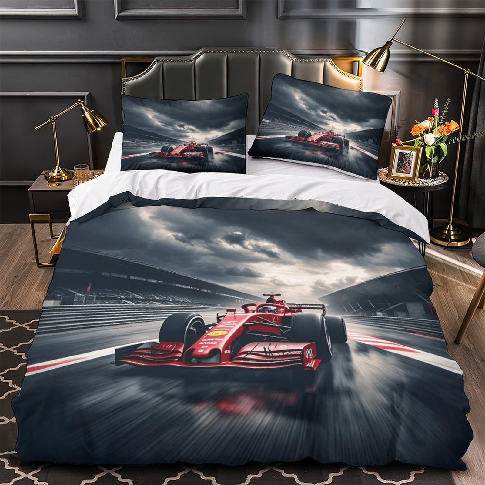 Ferrariii Modèle Housse De Drap, Lavable Formula Racing Housse De Couette Microfibre Douce Linge De Lit Finesse Literie Hygroscopique Parure De Lit Double（200x200cm）