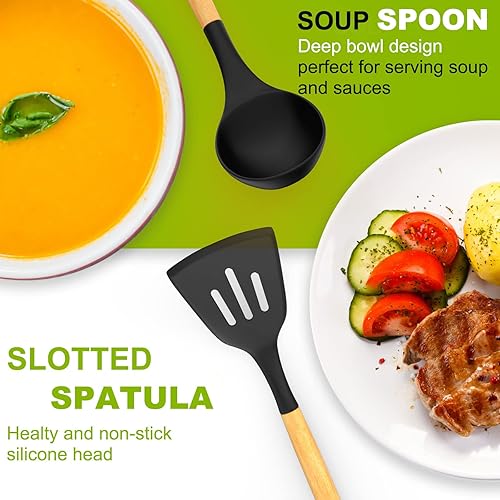 Miniatura 5 de Umite Chef 36 utensilios de cocina de silicona con soporte, juegos de utensilios de cocina resistentes al calor, mango de madera, utensilios de