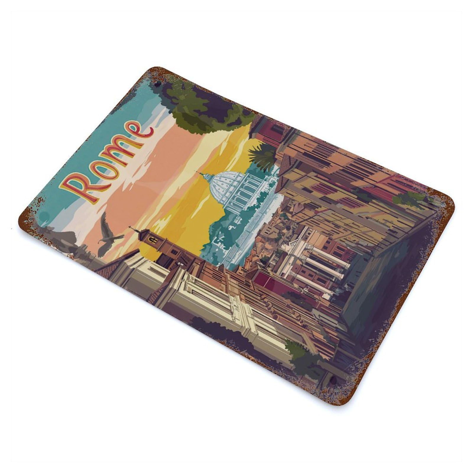 Rome Cityscape Illustration Rustic Tin Plaque 11.8"x7.9", Novelty Wall Decor for Garage, Pub Or Kitchen