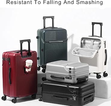FREEFLY Hard Shell Suitcase Best Lightweight Luggage Medium Suitcase 4 Wheels Cabin Suitcase Front Open Style Suitcase with Laptop Bag,Black,26in