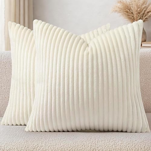Simmore Decorative Spring Throw Pillow Covers 18x18 Set of 2, Soft Natural Plush Flannel Double-Sided Fluffy Couch Pillow Covers for Sofa Living Room, Cream White