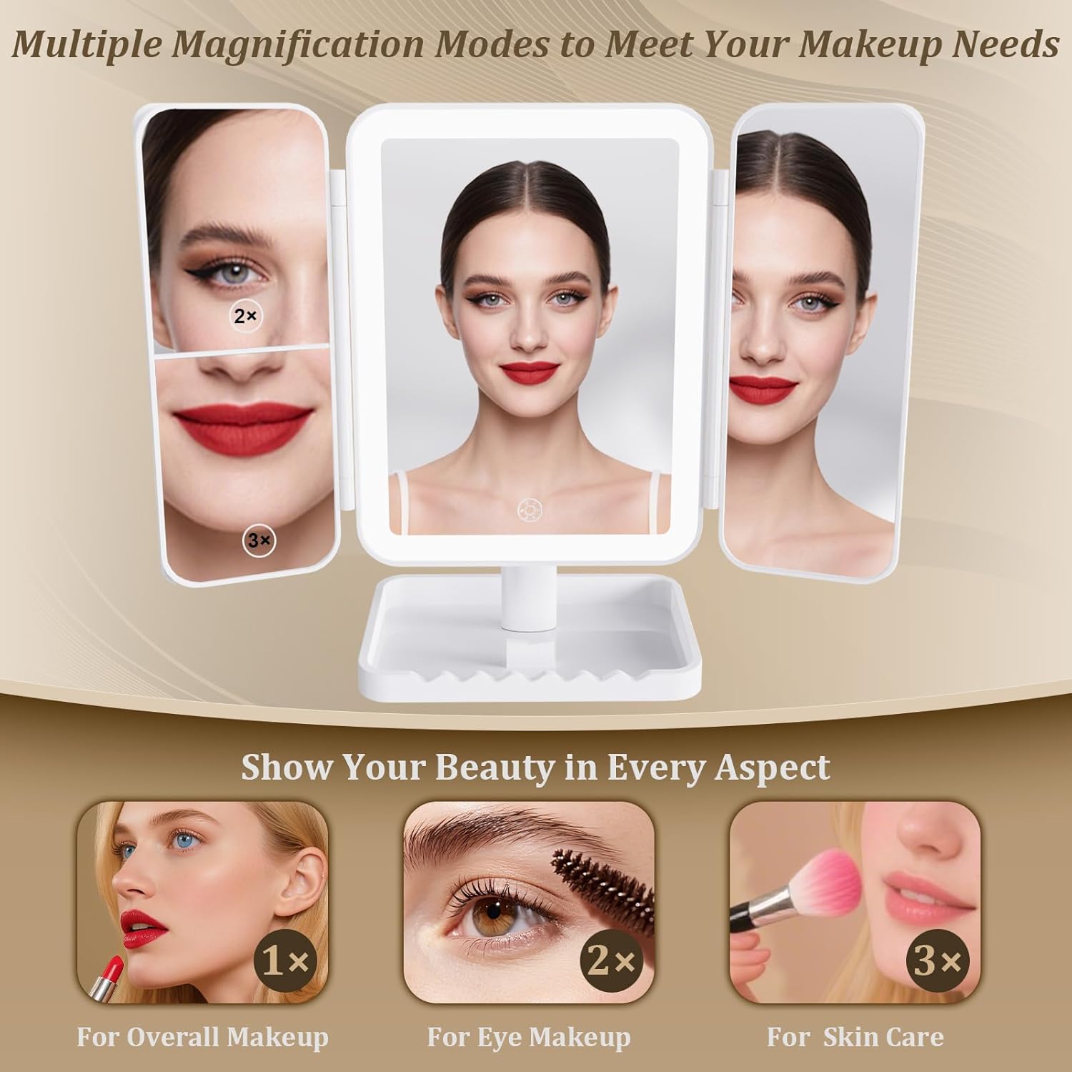 Makeup Mirror Vanity Mirror with Lights, 3 Color Lighting Modes, 1X/2X/3X Magnification, Tri-fold, 360° Rotation, Phone Holder for Makeup, 2000mAh Rechargeable, Bedroom, Bathroom, (White) - Image 3