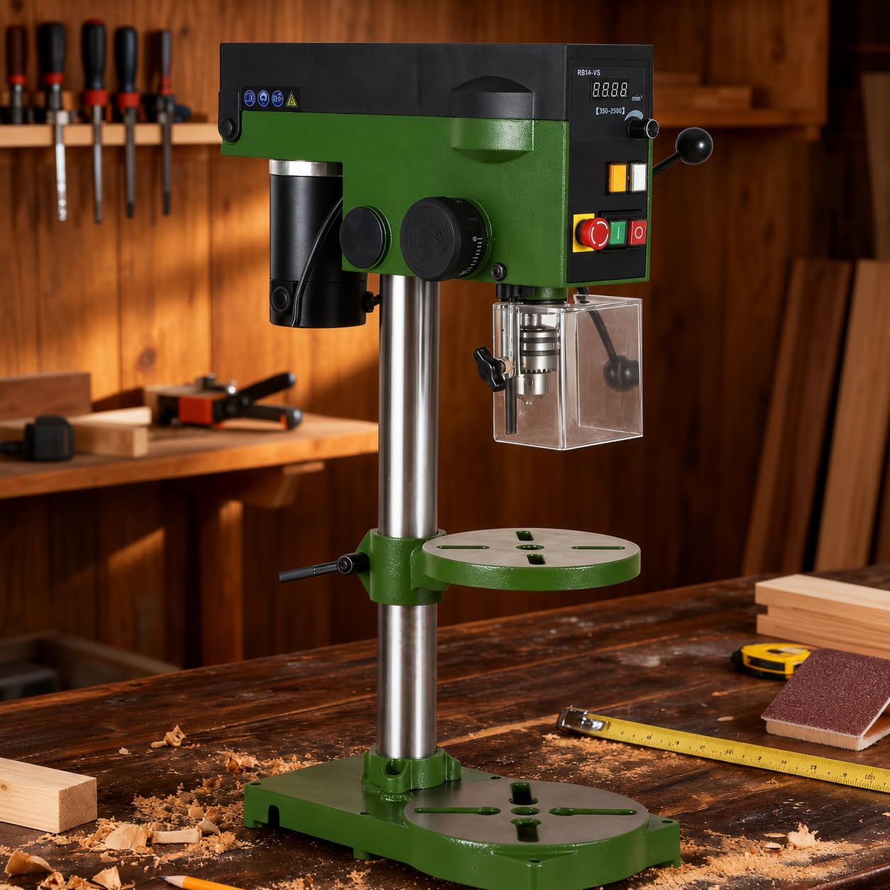 Präzisions-Tischbohrmaschine RB14-VS, 350W DC-Motor, 350–2500 U/min, 1,5–13 mm Bohrfutter, Digitalanzeige, Laser & LED, Tiefenanschlag für Holz Metall Kunststoff, Säulenbohrmaschine